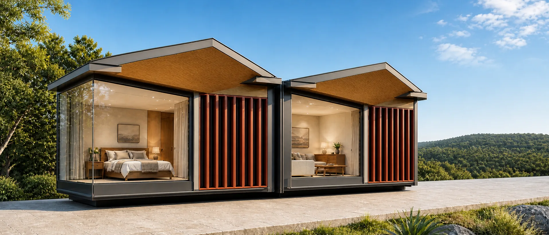 Two-key resort cottage pair with glass corners behind terracotta fins under serrated roofs