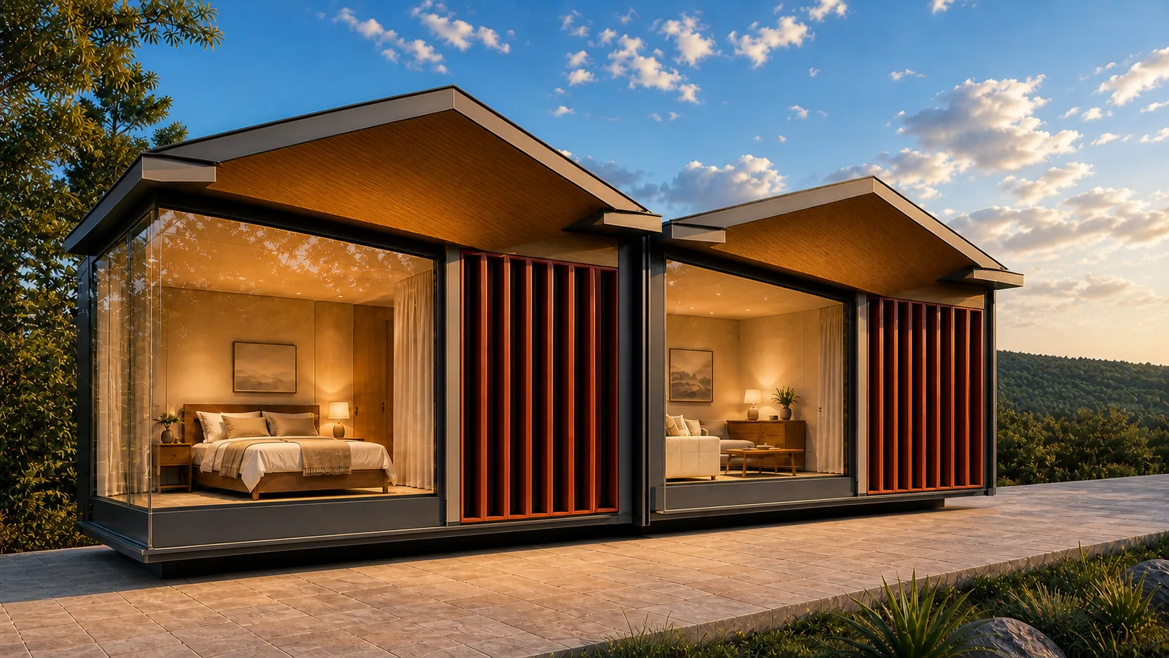 Twin cottage fronts along the guest walk with furnished rooms behind terracotta screens
