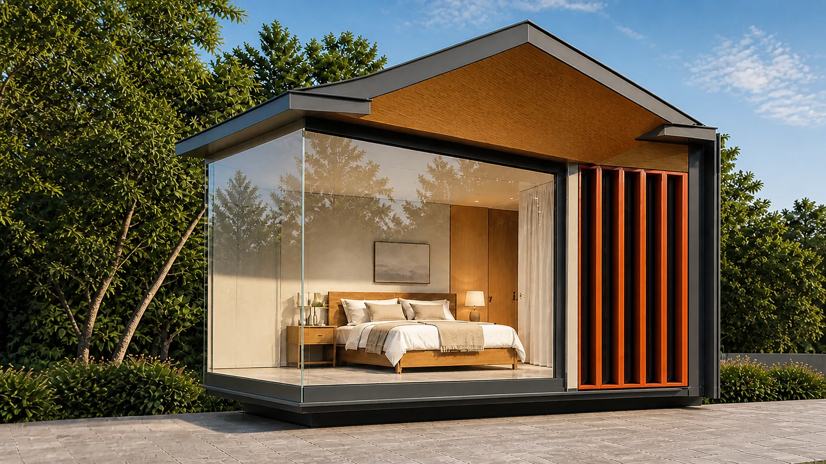 Glazed bedroom corner meeting terracotta fins beneath a post-free roof overhang