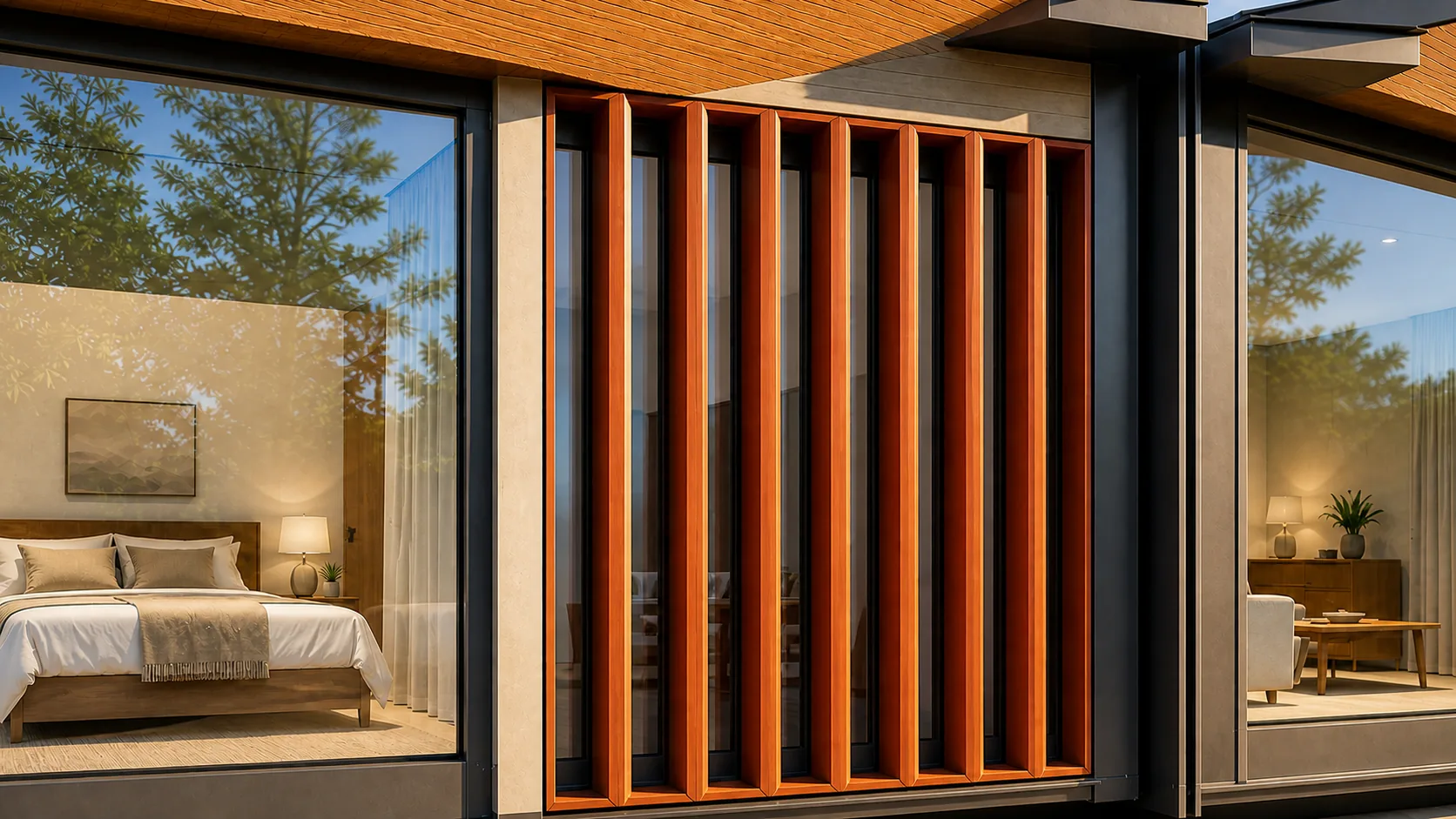 Sunlit extruded terracotta fins separating two full-height glazed cottage bays