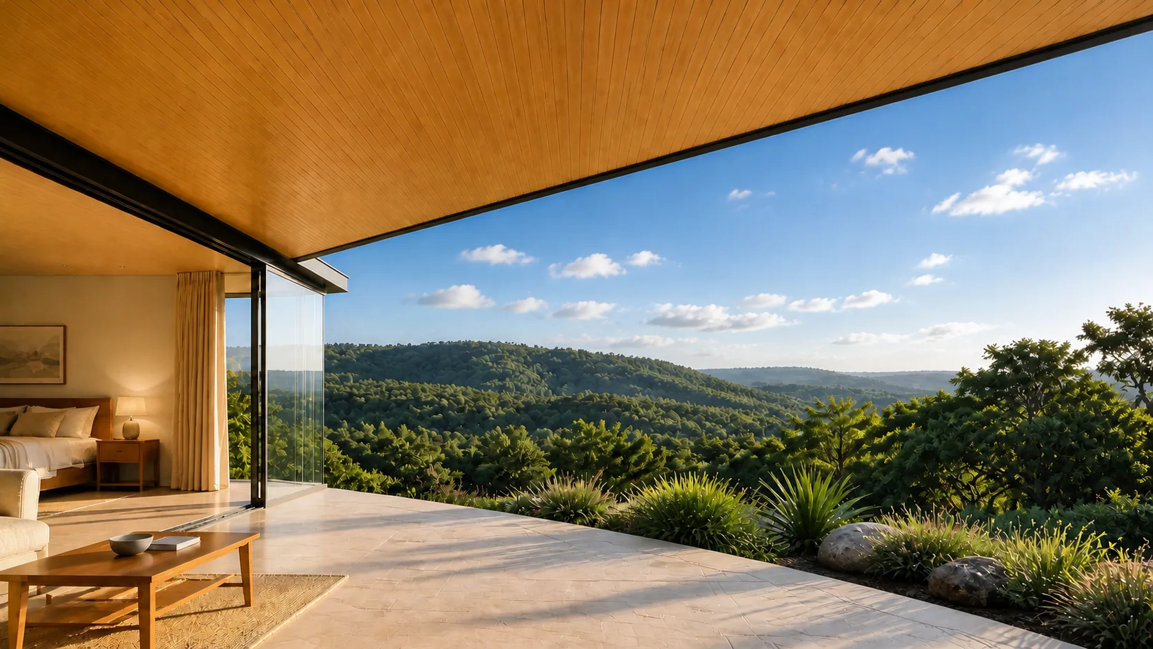 Bamboo-toned porch soffit sheltering an open terrace above forested hills