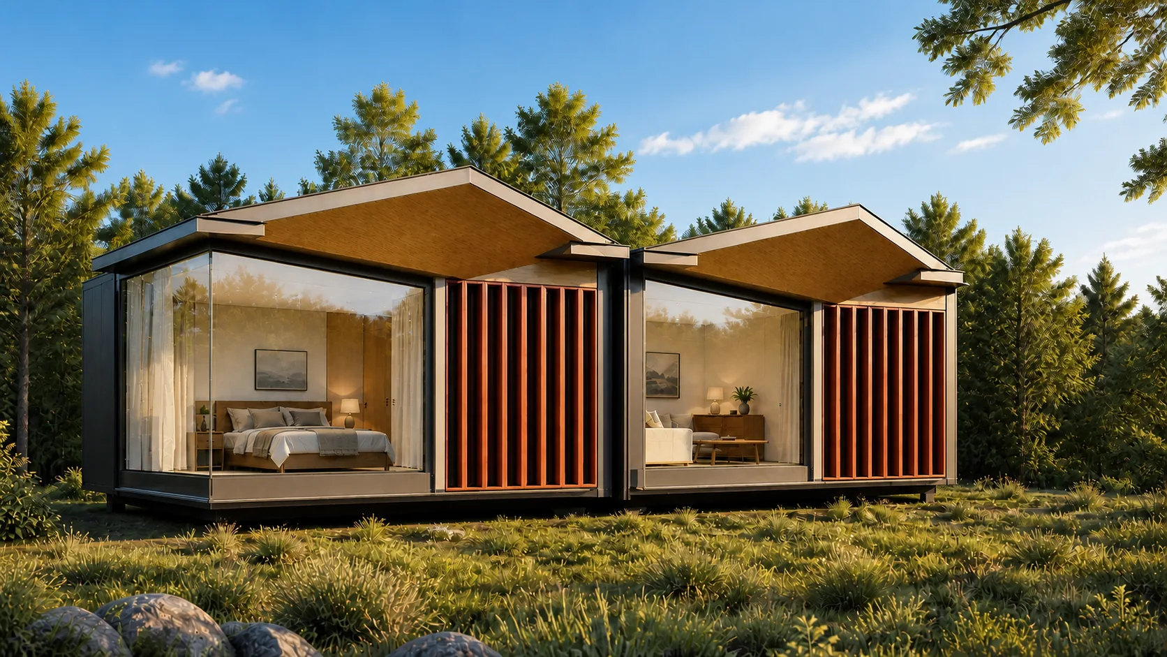 Two cottage keys set in meadow planting with glazing and terracotta screens