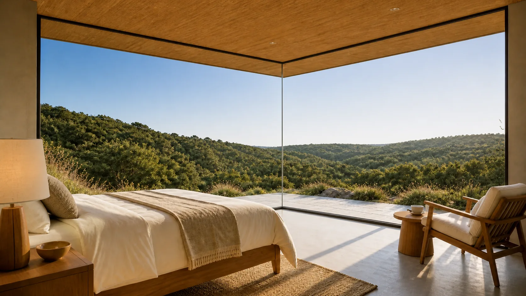 Timber bedroom facing forested hills through full-height glass meeting at the corner