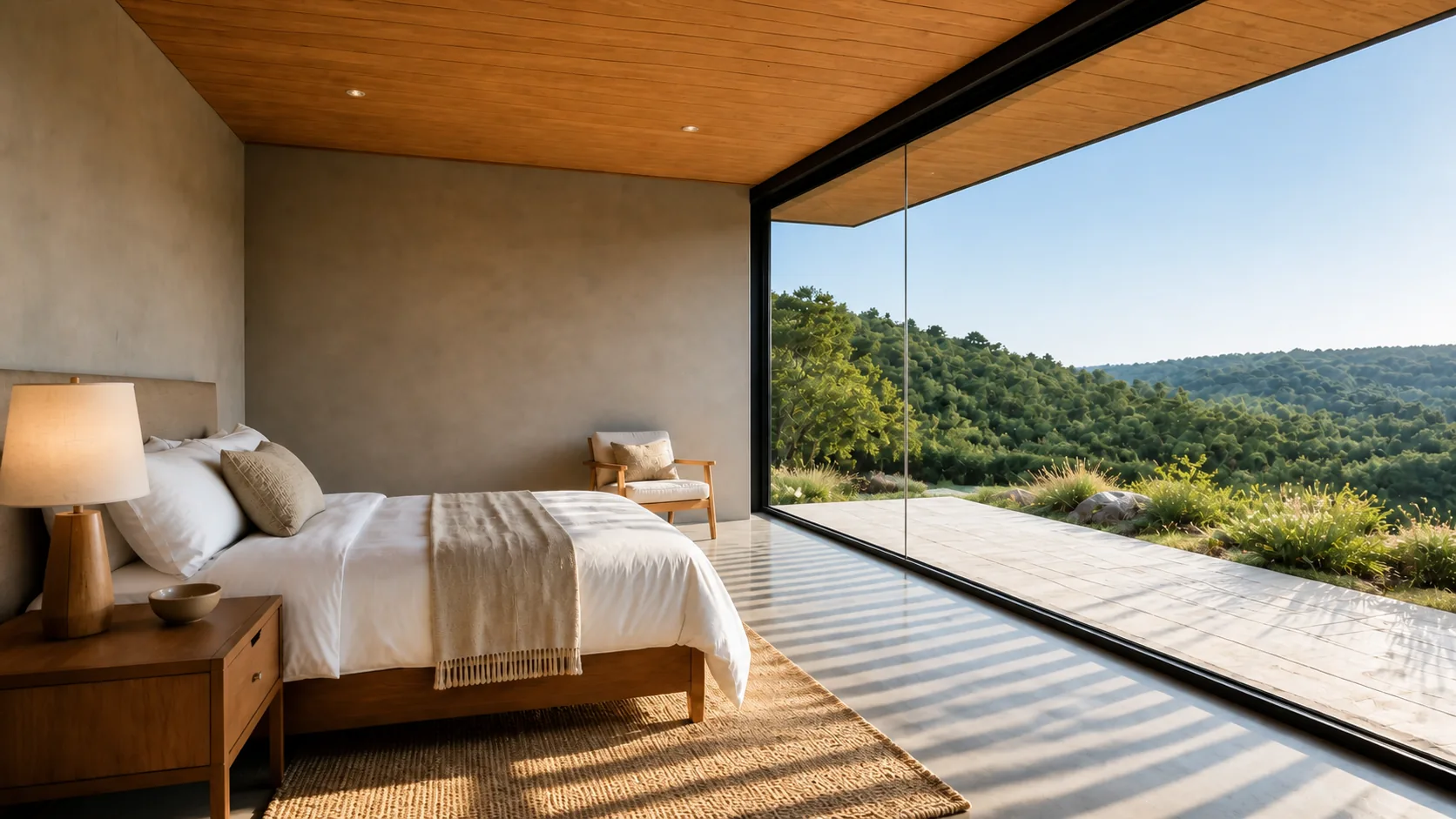 Bed and lounge chair under striped morning shadows beside the glazed hill frontage