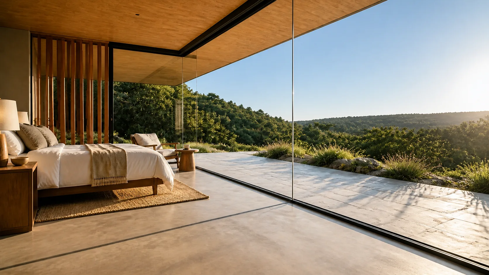 Flush glazed threshold joining the bedroom floor to a broad landscape terrace