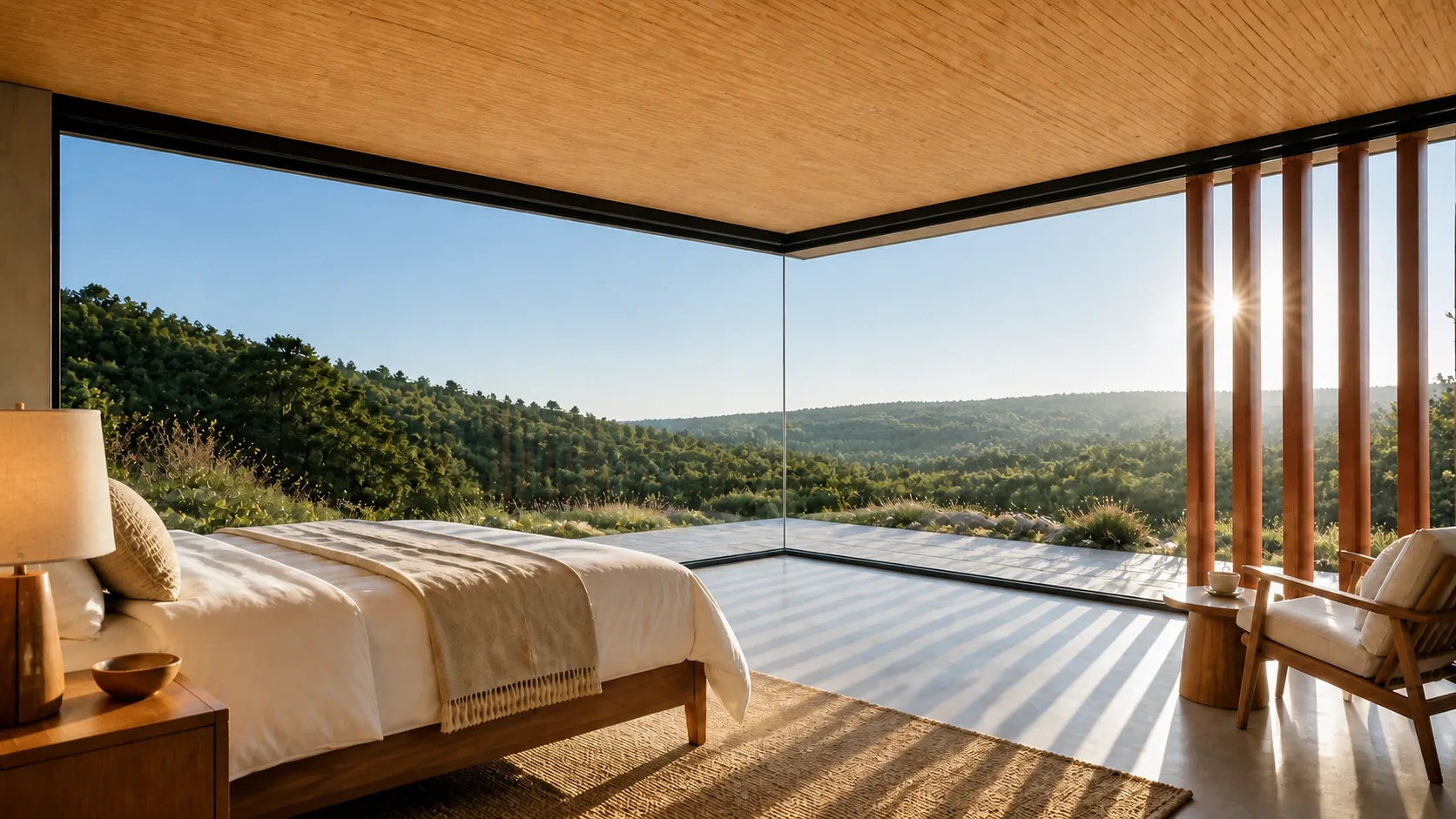 Accessible key bedroom opening to corner glazing shaded by vertical terracotta fins