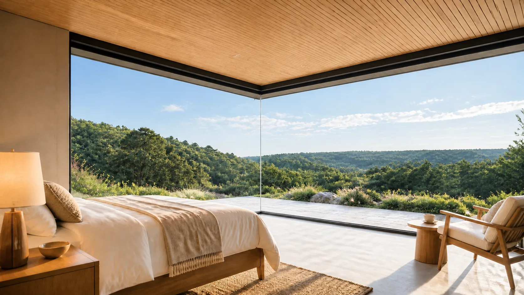 Bamboo-toned ceiling continuing across the glazed bedroom corner towards the hills