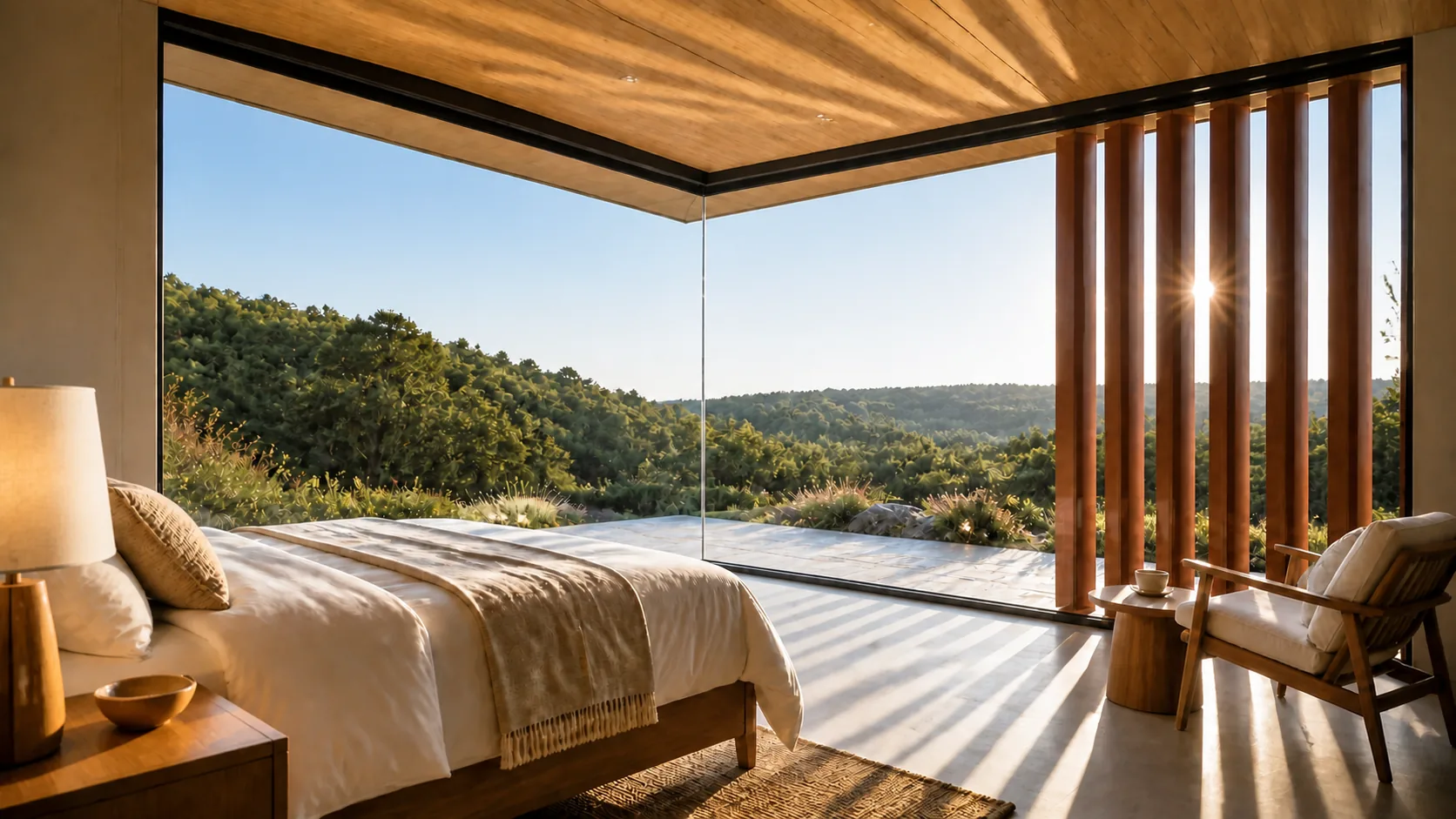 Terracotta fins casting long parallel shadows across the glass-corner bedroom floor