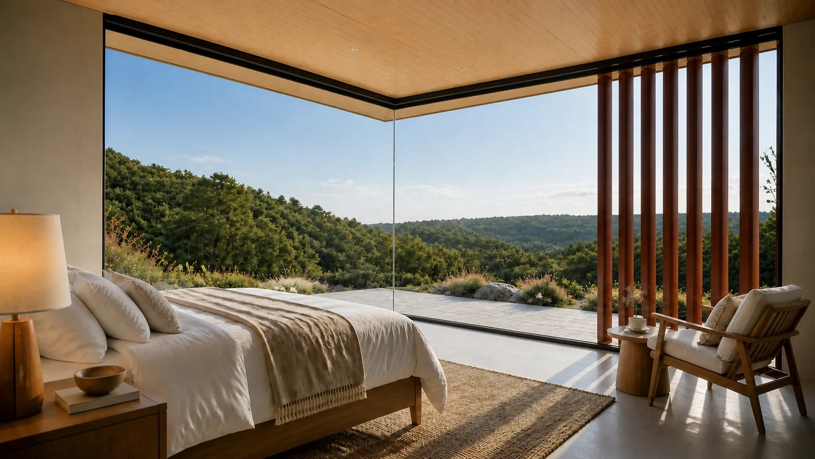 Timber bed and bedside joinery facing the screened glass corner beside a lounge chair