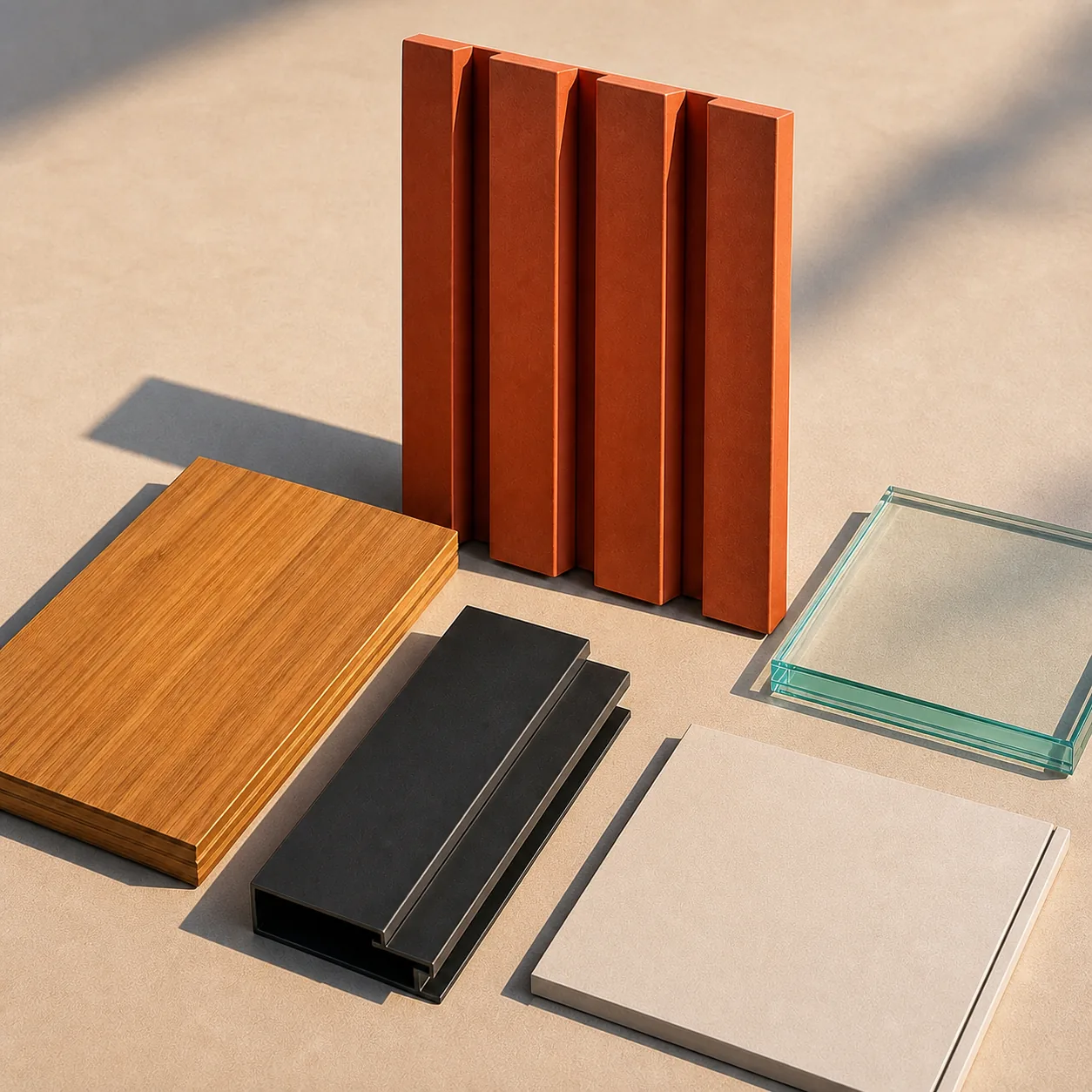 Terracotta baguettes and bamboo-toned boards beside dark steel and pale stone samples