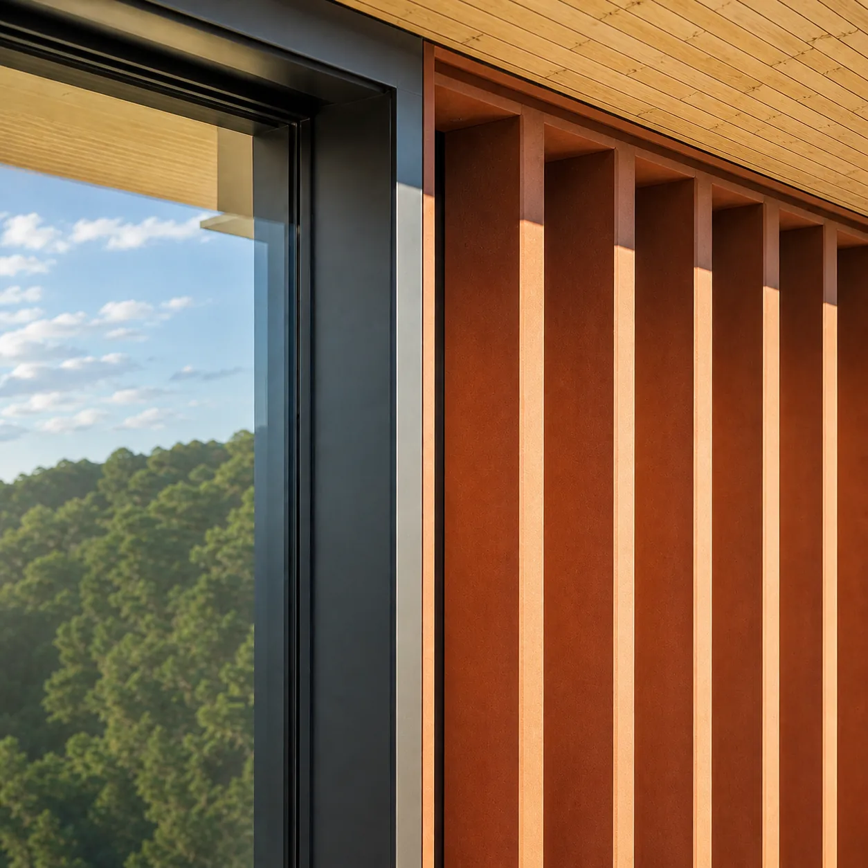 Extruded terracotta fins meeting the recessed dark glazing frame beneath soffit boards