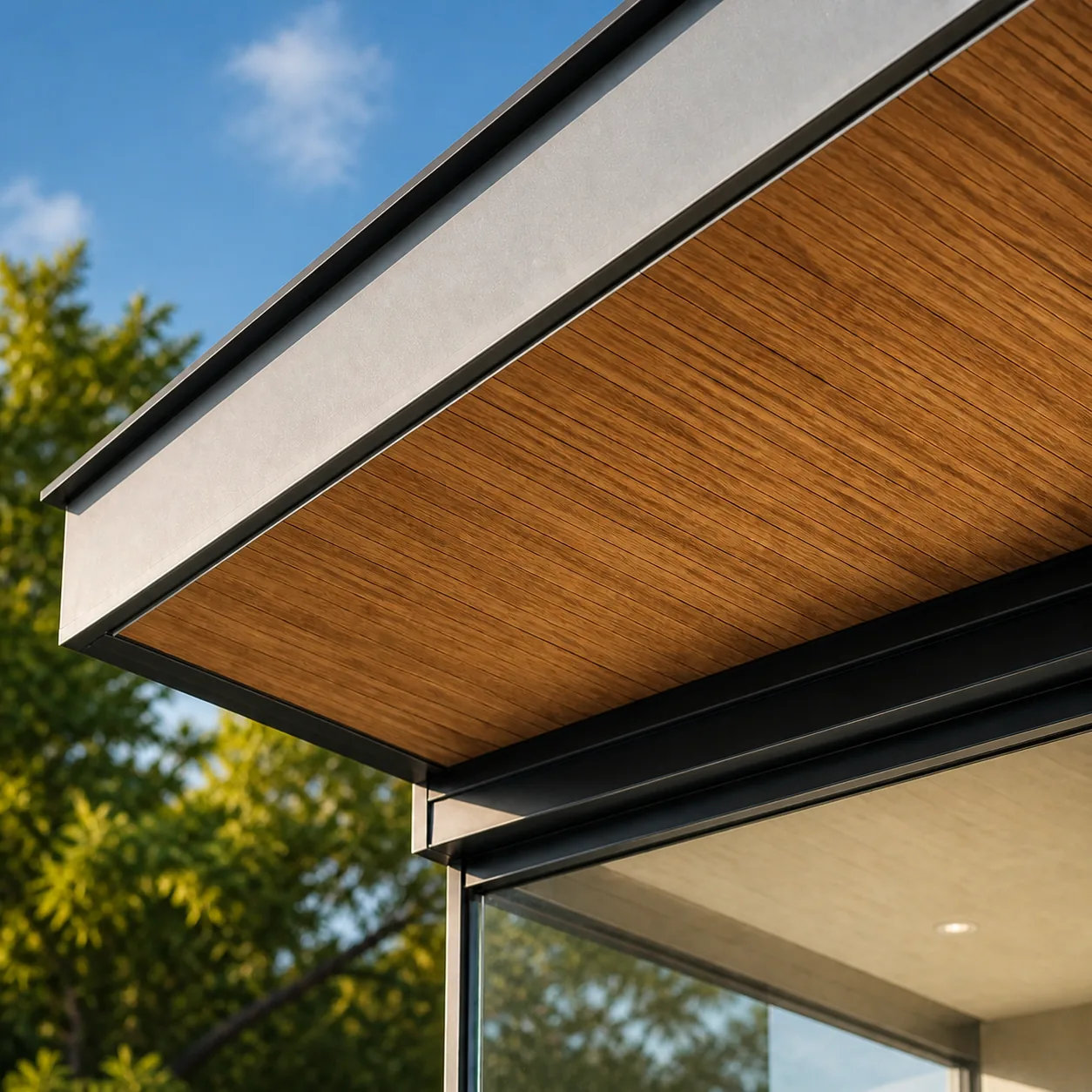 Bamboo-toned soffit meeting a slim metal roof edge above the glazed wall