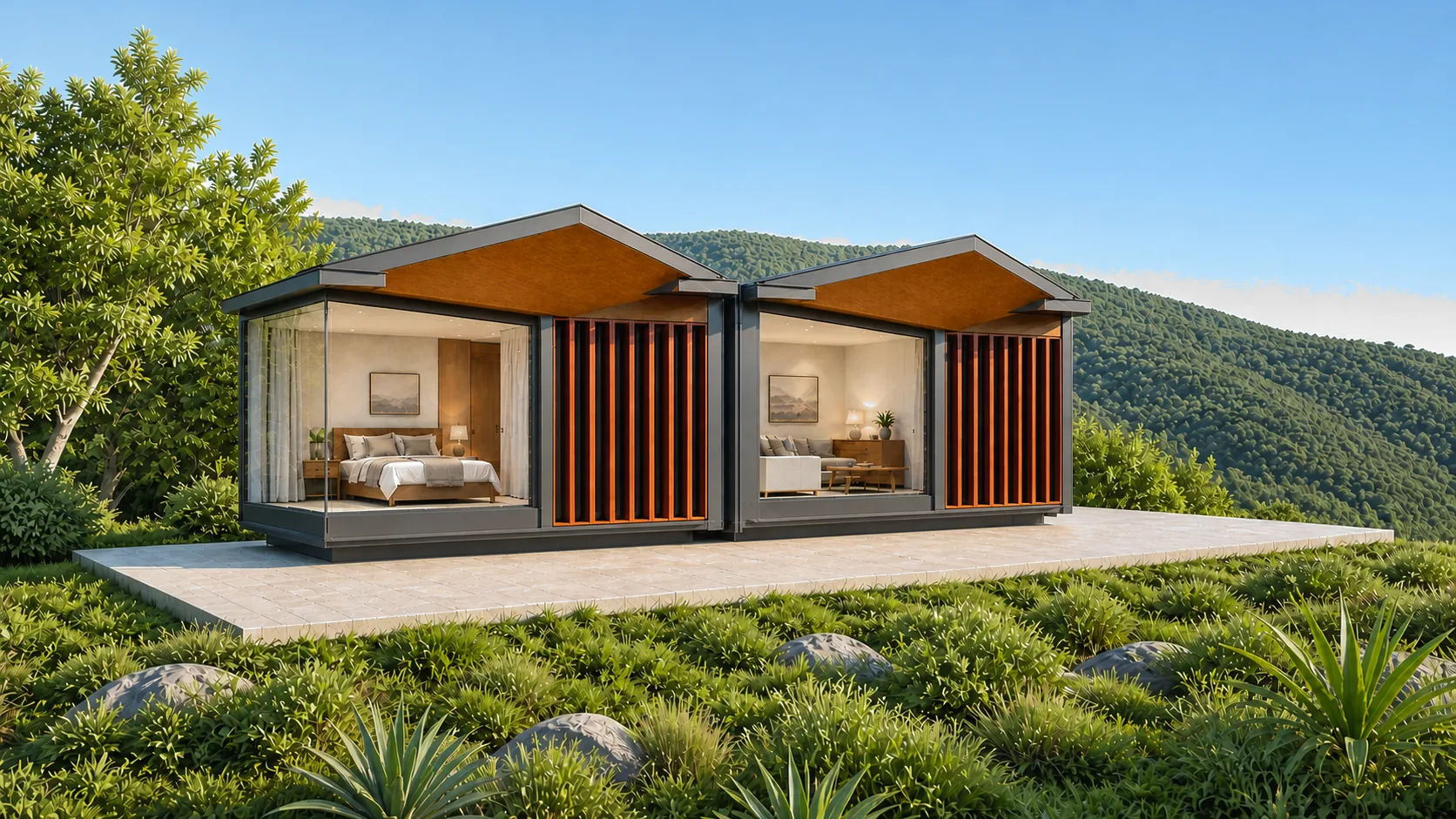 Two-key cottage pair resting on a pale terrace above dense hill planting