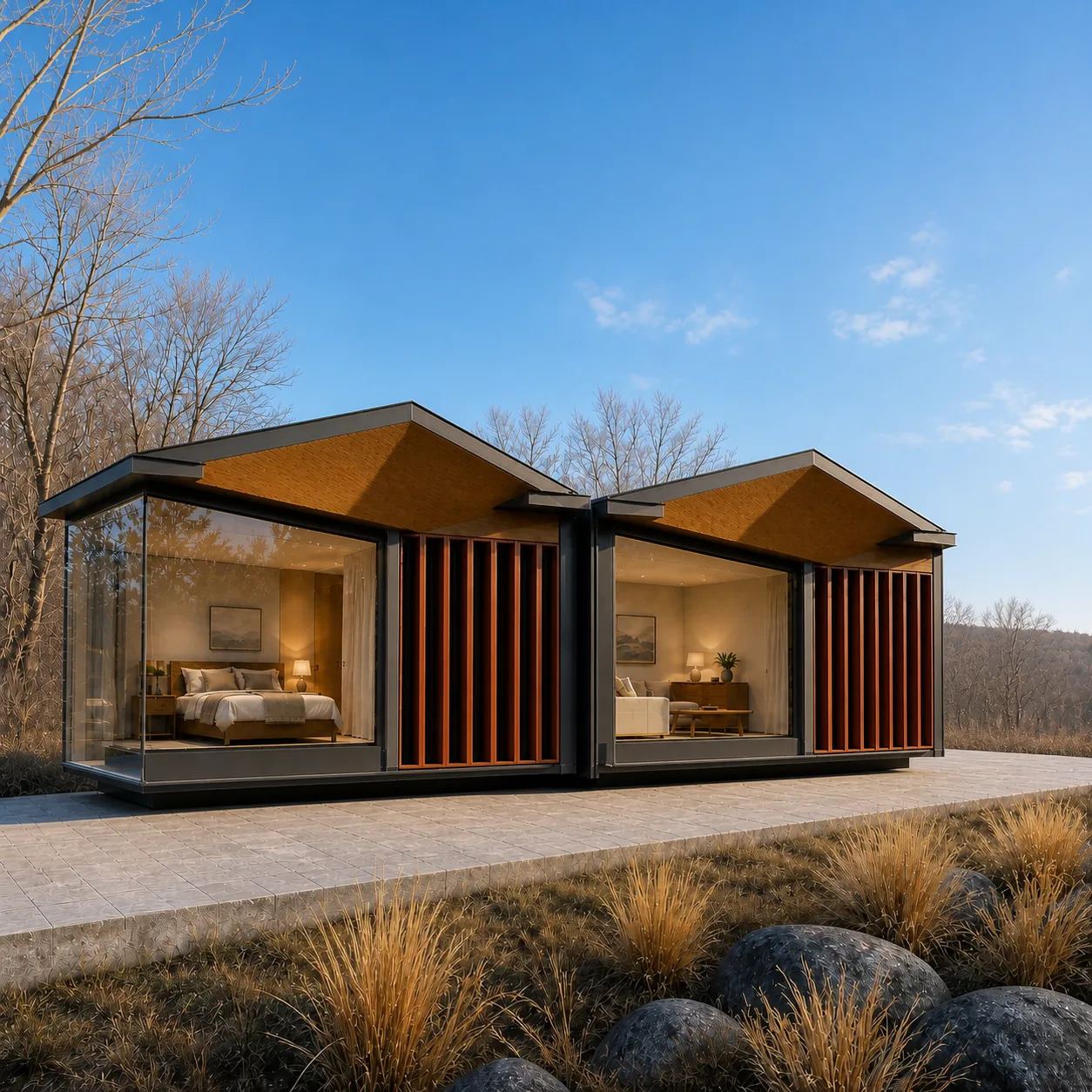 Manganese terracotta cottage pair among leafless trees and tawny winter grasses