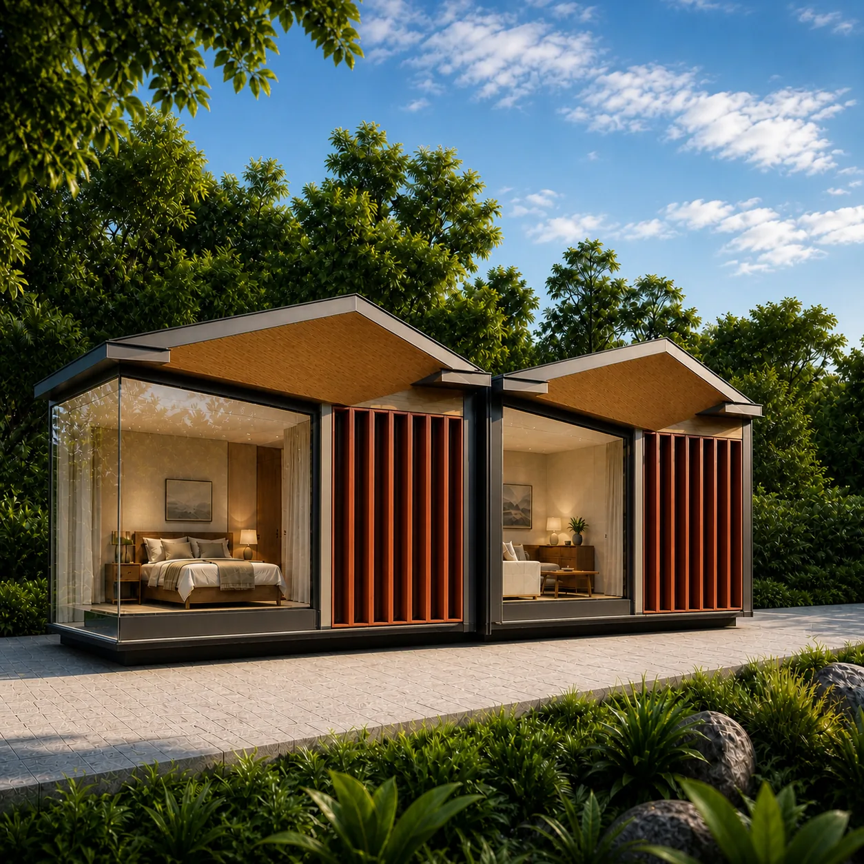 Ivory terracotta cottage pair within dense monsoon foliage under a dappled blue sky