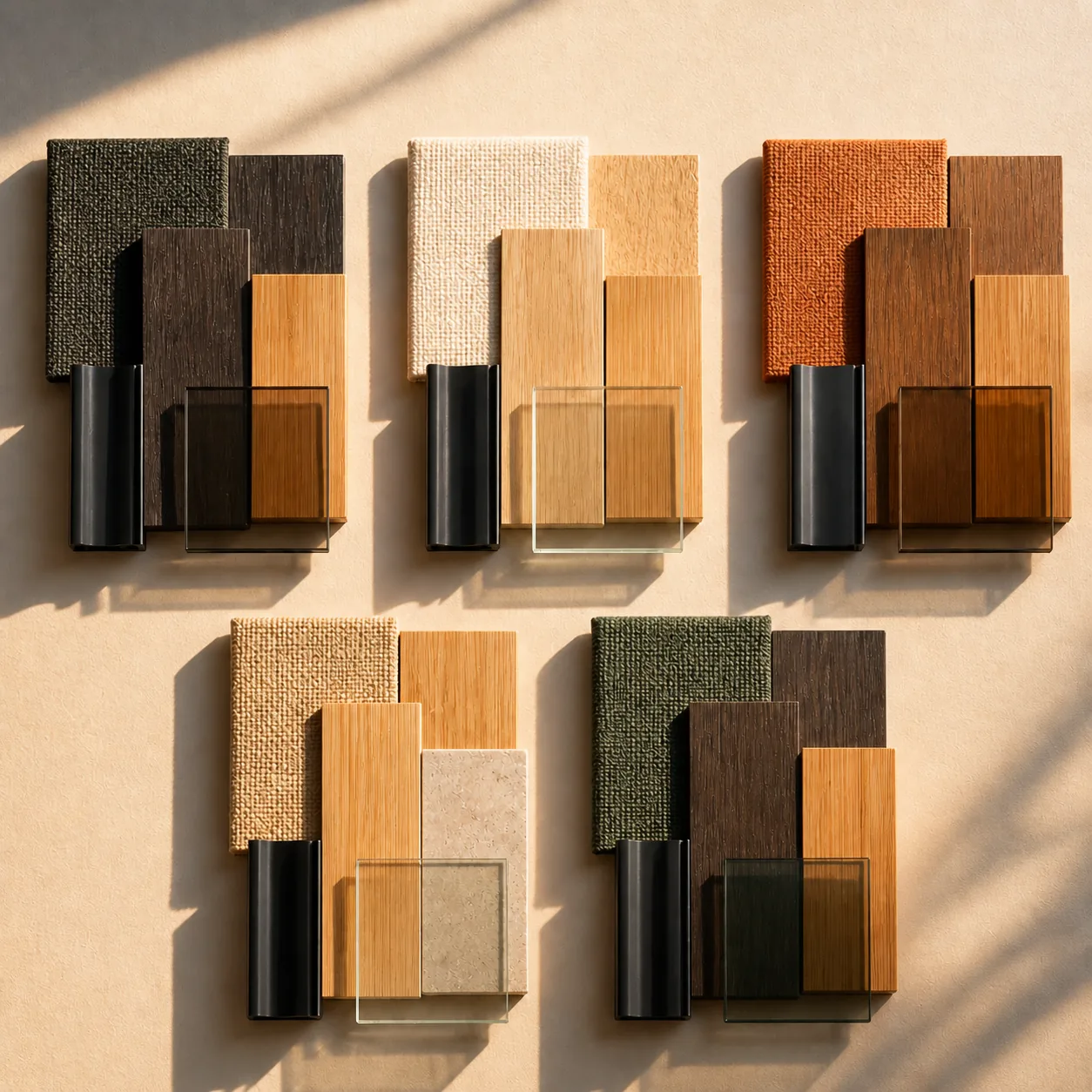 Five interior palettes combining woven textiles with timber, dark metal and stone