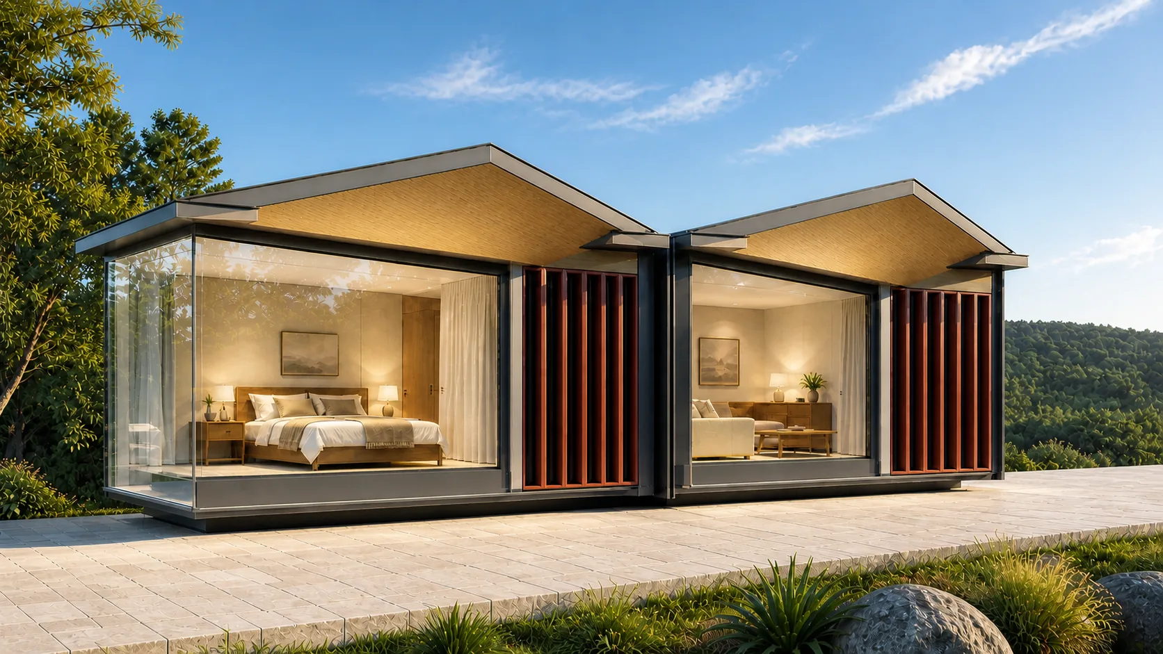 Paired cottage keys combining a glazed bedroom with lounge and terracotta privacy screens