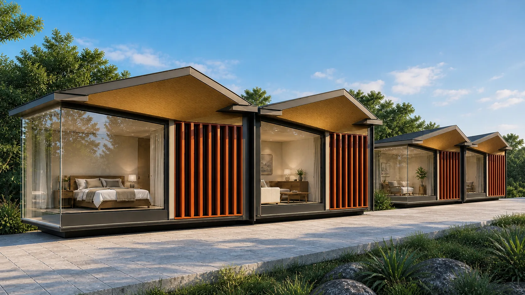 Two cottage pairs aligned along a paved guest walk through dense planting