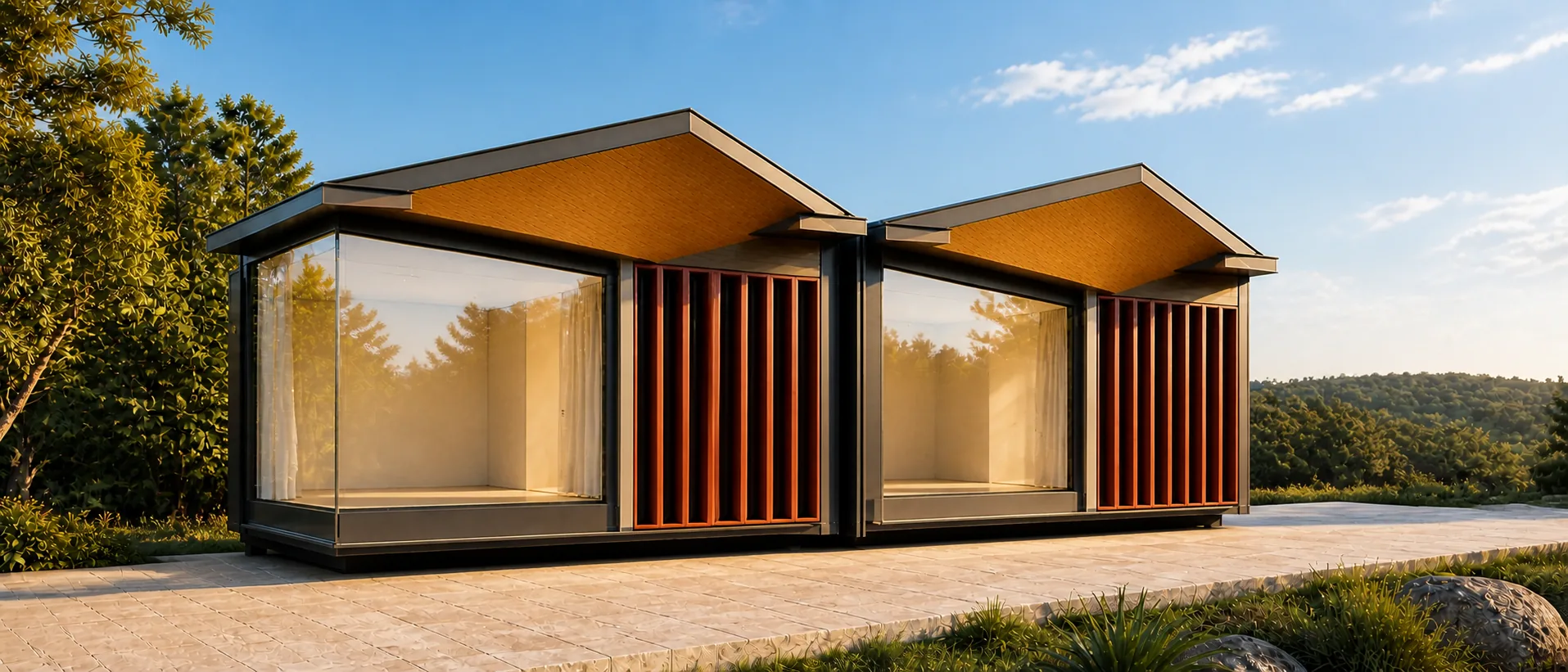 Close, low-angle view of the glazed cottage pair in warm evening light, with empty rooms visible behind terracotta screens.