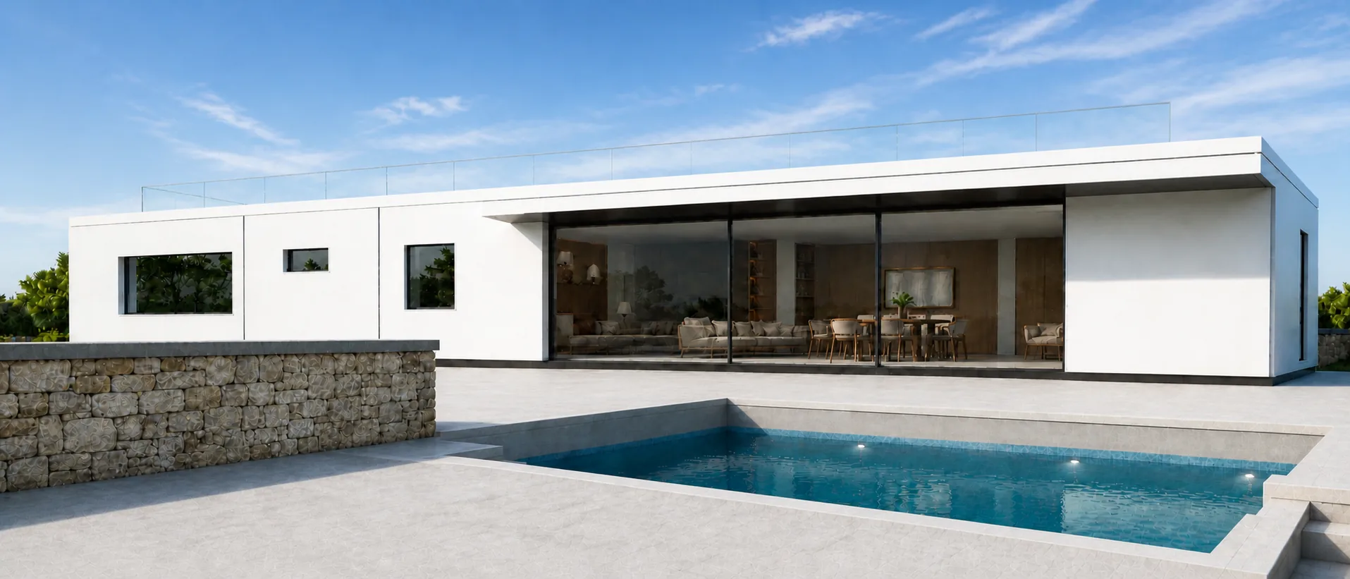 Long white villa bar with stacking glass frontage above a sunken pool and rubble rampart