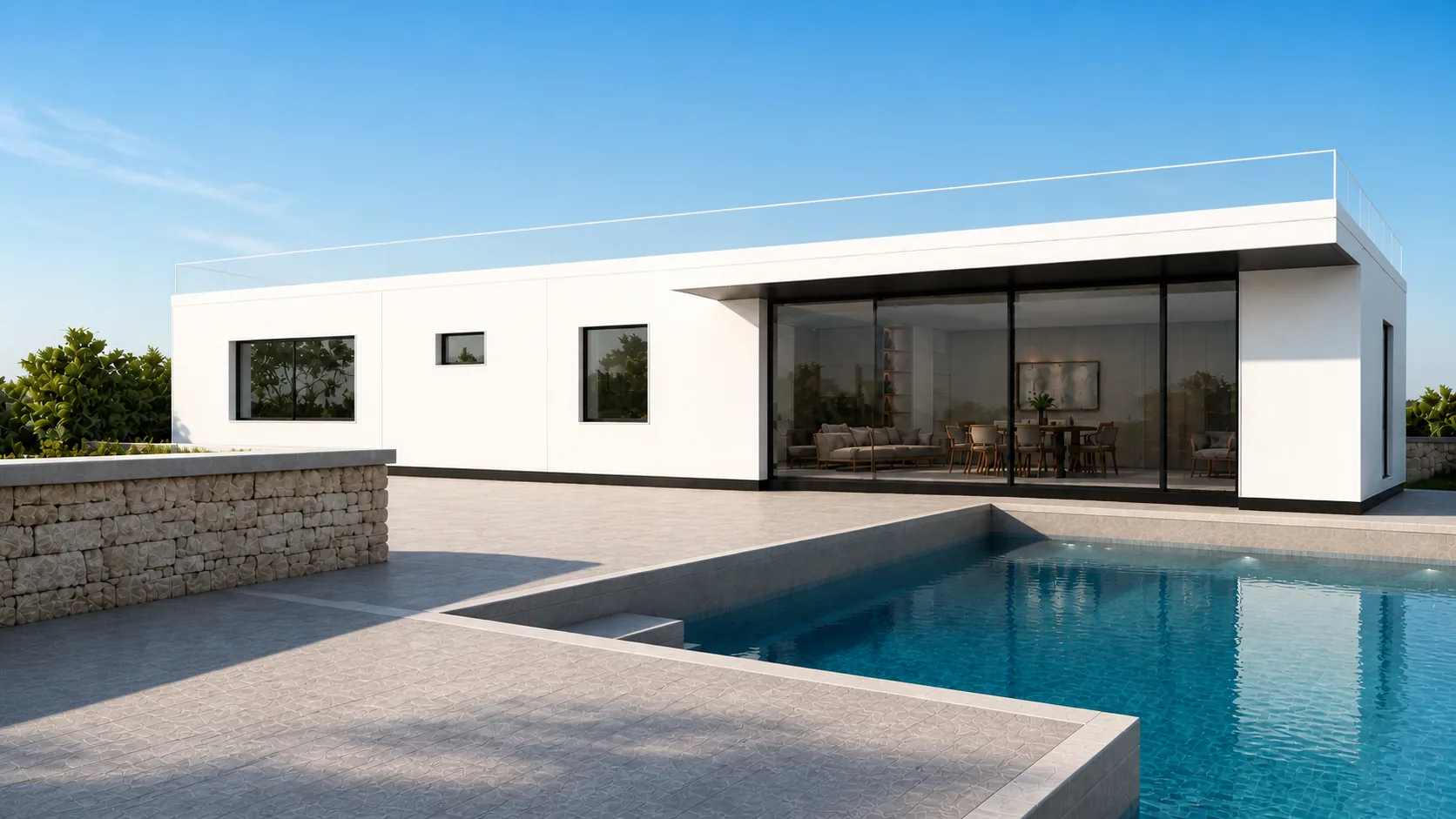 Opposite corner of the pool court framing the shaded glazing and pale paved terrace