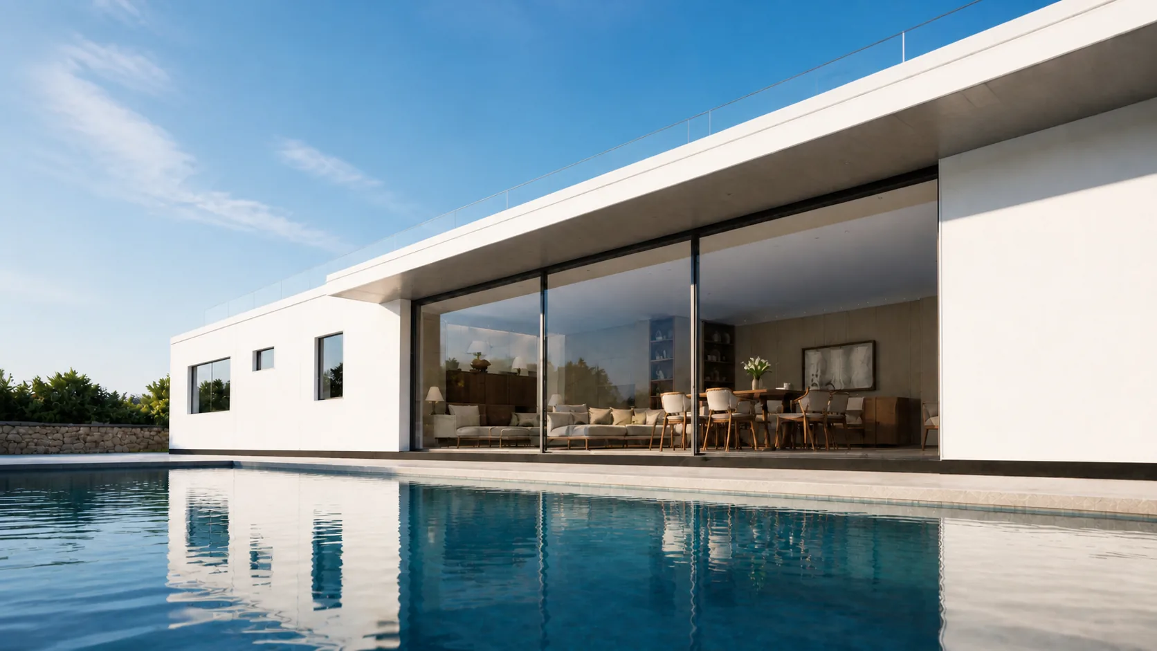 Low pool-edge line across the water towards full-height living and dining glazing