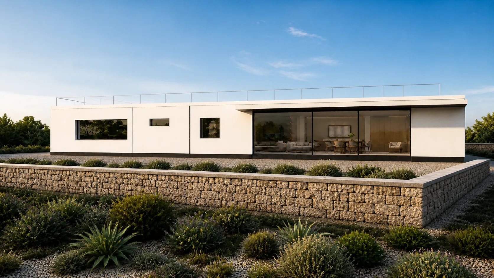 Garden elevation resting above the lime-washed rampart with native grasses along its base