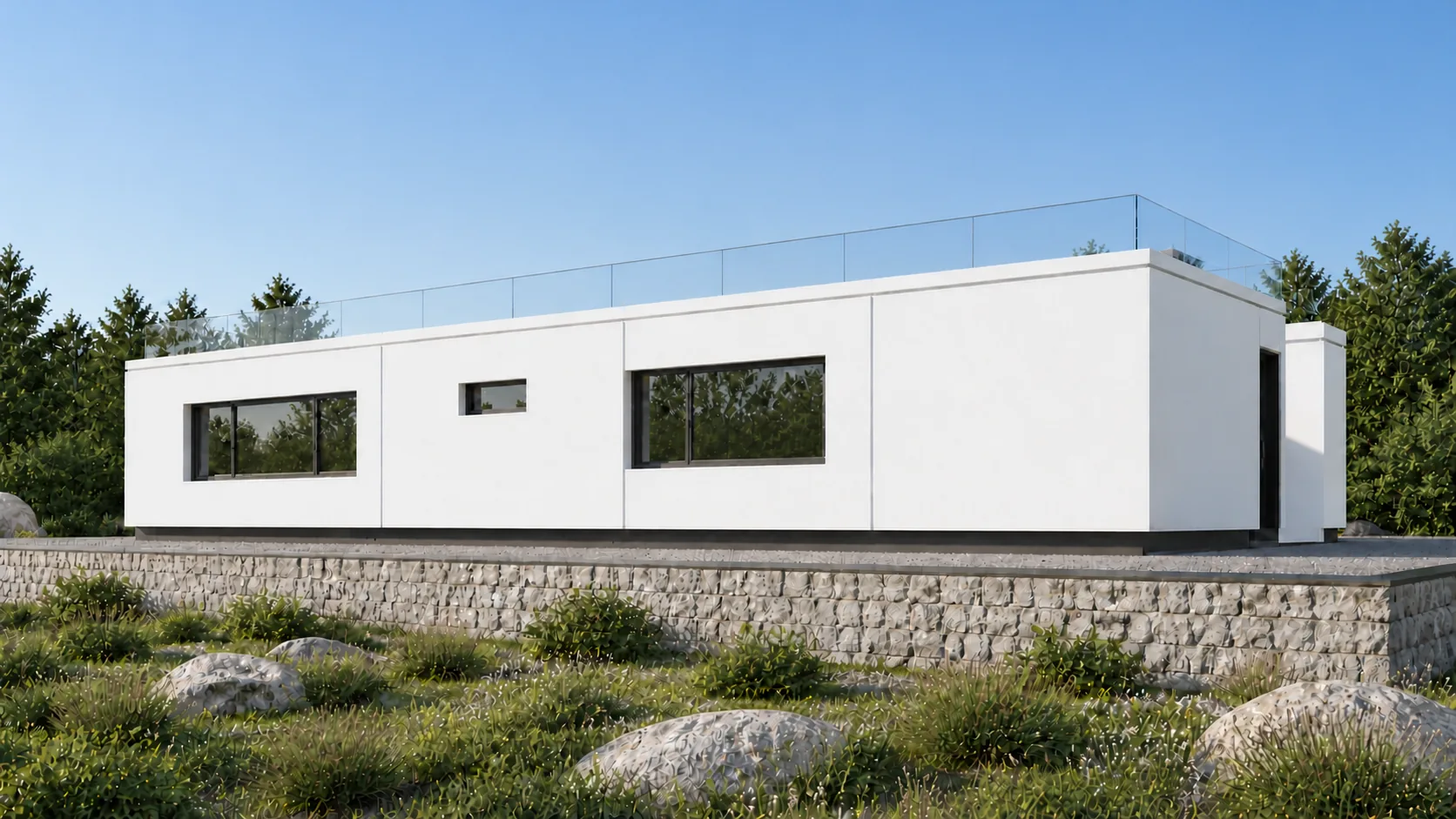 Closed north elevation with three punched openings above a lime-washed rubble retaining wall