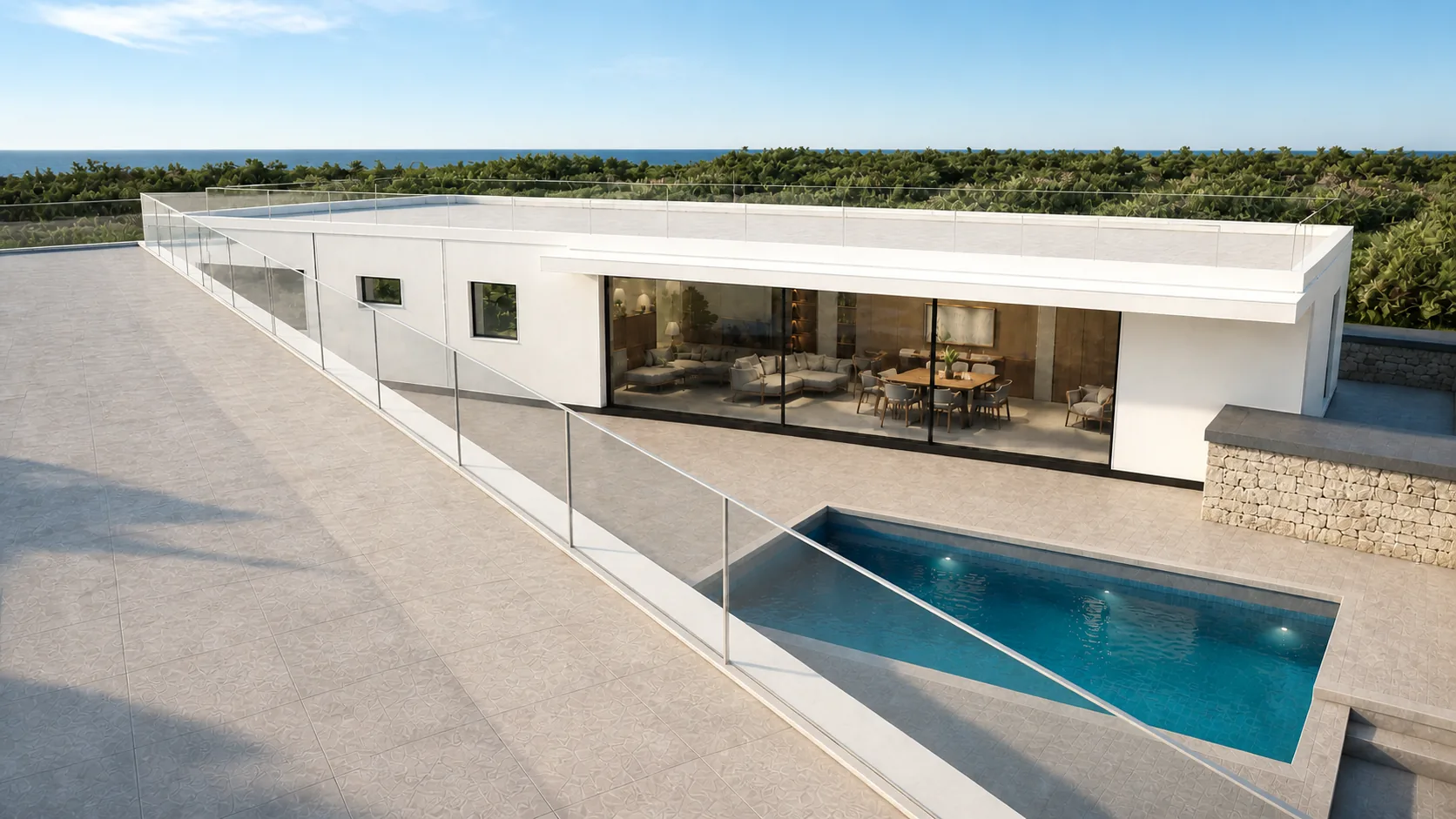 Roof terrace over glass guards looking down to the sunken pool and glazed frontage