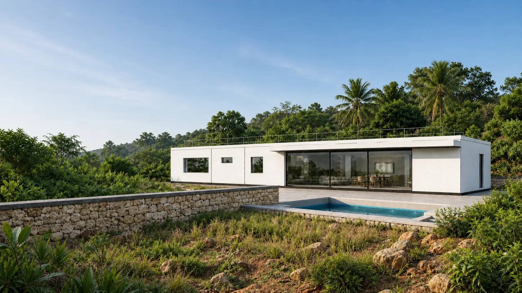 White villa and its pool settling into dense planting above a pale stone terrace