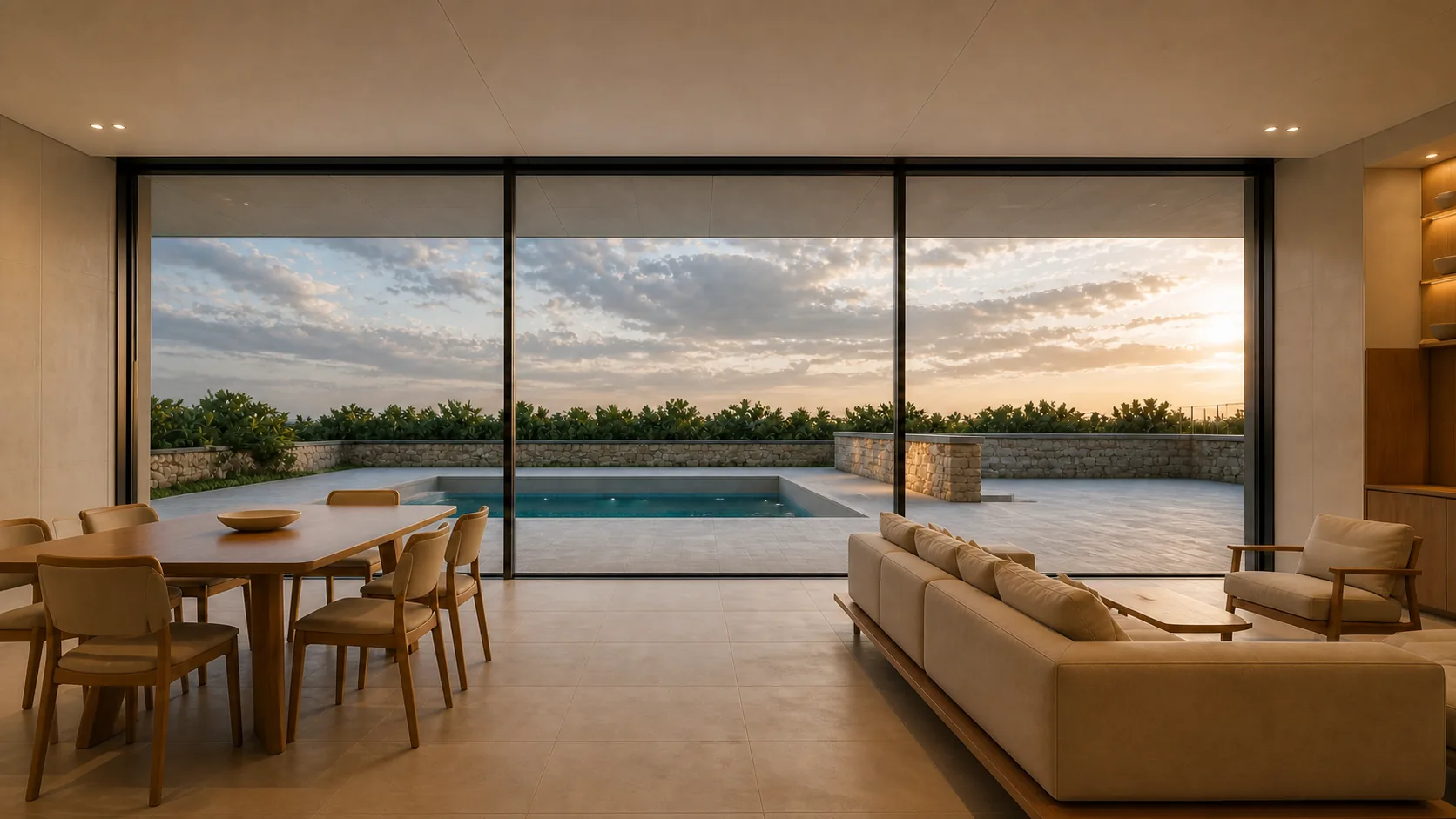 Dining and sitting room opening through stacking glass to the sunken pool beyond