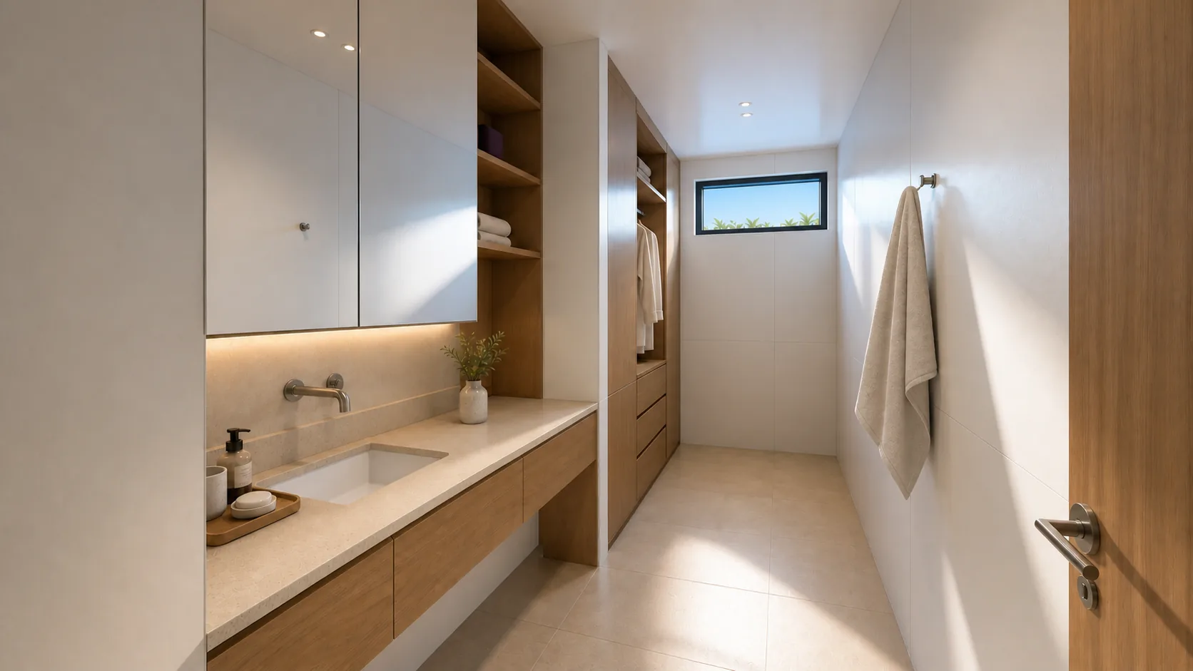 Dressing corridor combining tall cupboards, a long vanity and one small high window
