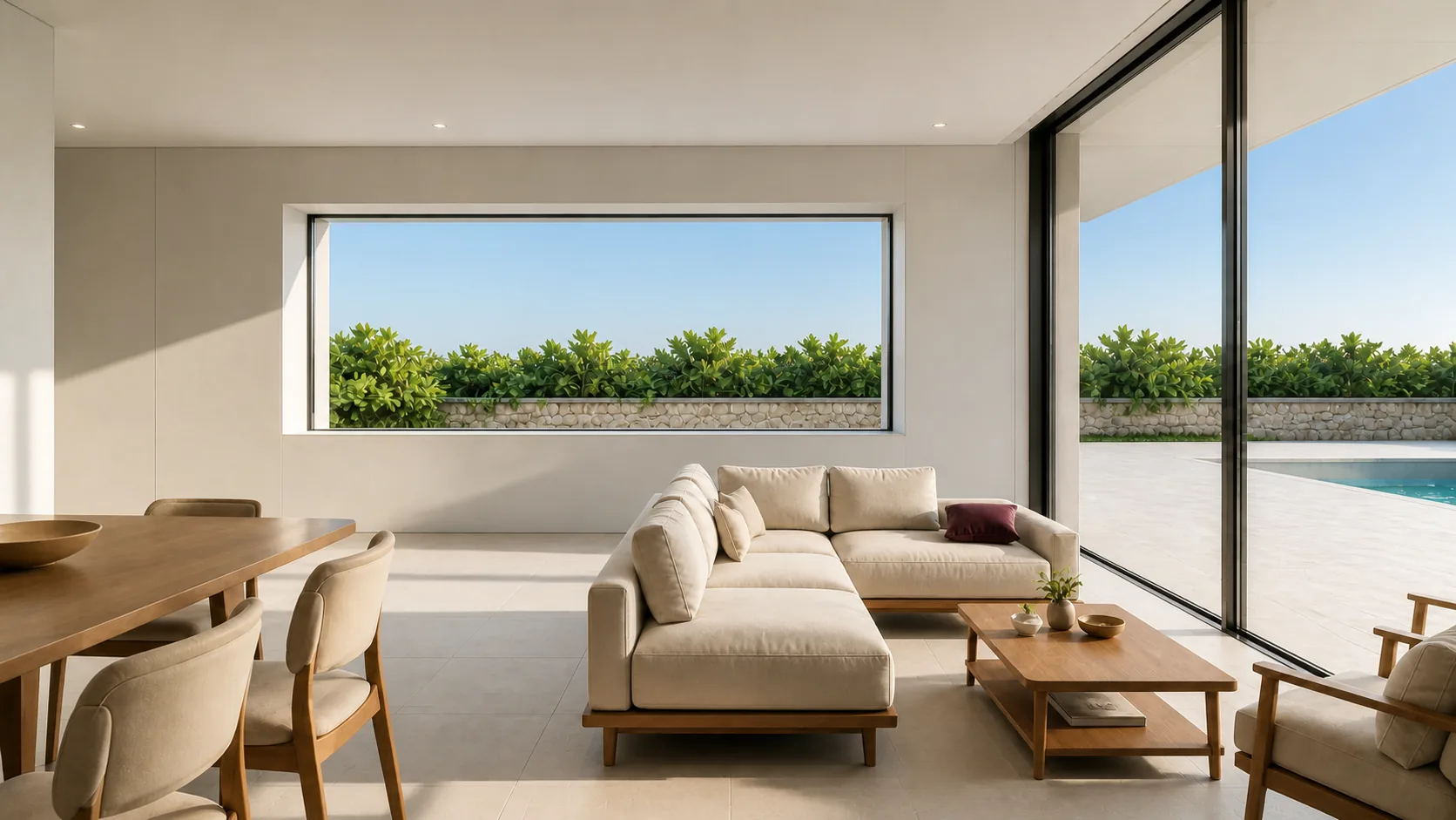 Open living and dining room sharing the court glazing with the garden side