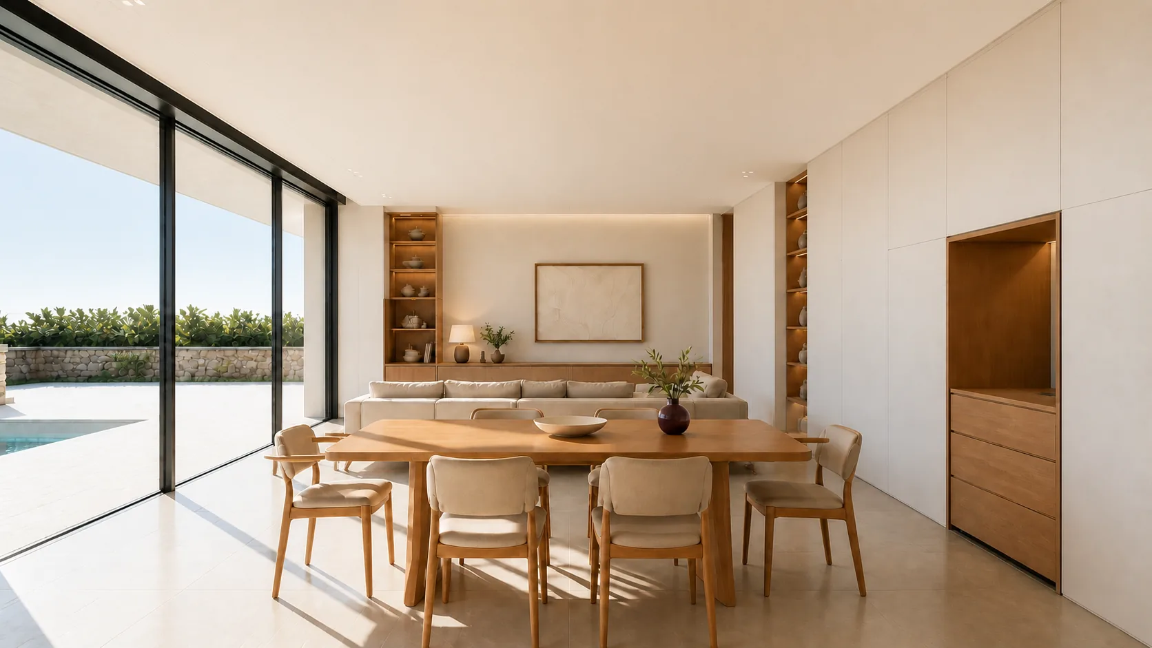Timber dining table facing the pool glazing beside fitted storage and open shelving