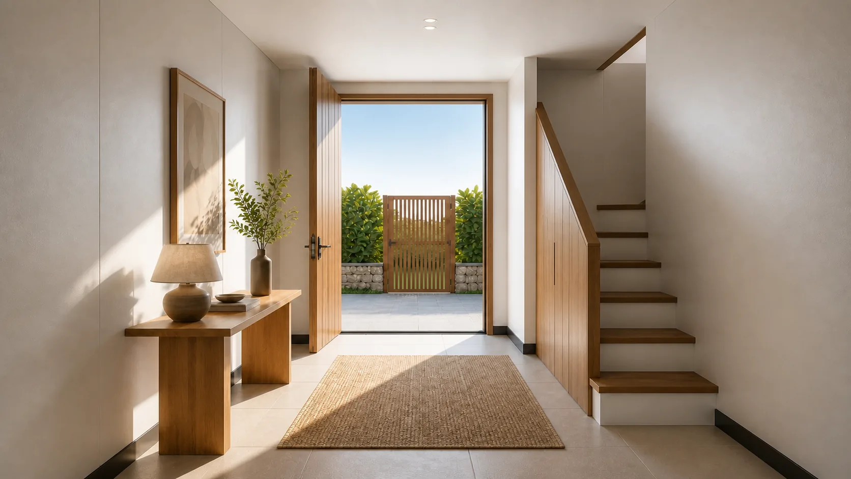 Entrance hall running from the slatted gate to the roof stair and living room