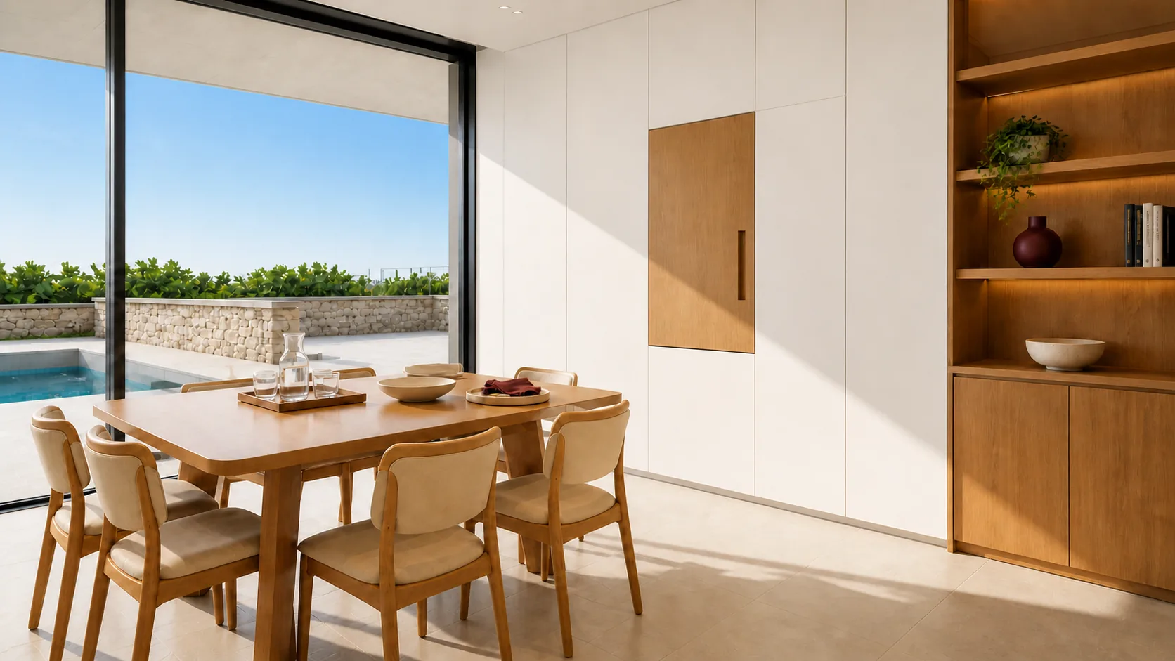 Timber dining setting catching late light beside the glazing and recessed shelves