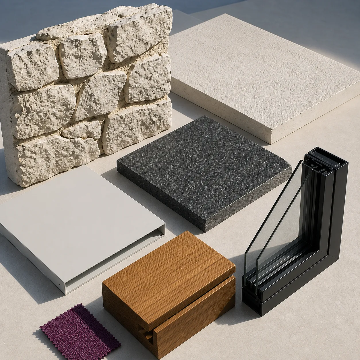Finish board pairing rubble and pale panel with graphite slab, timber and black profile
