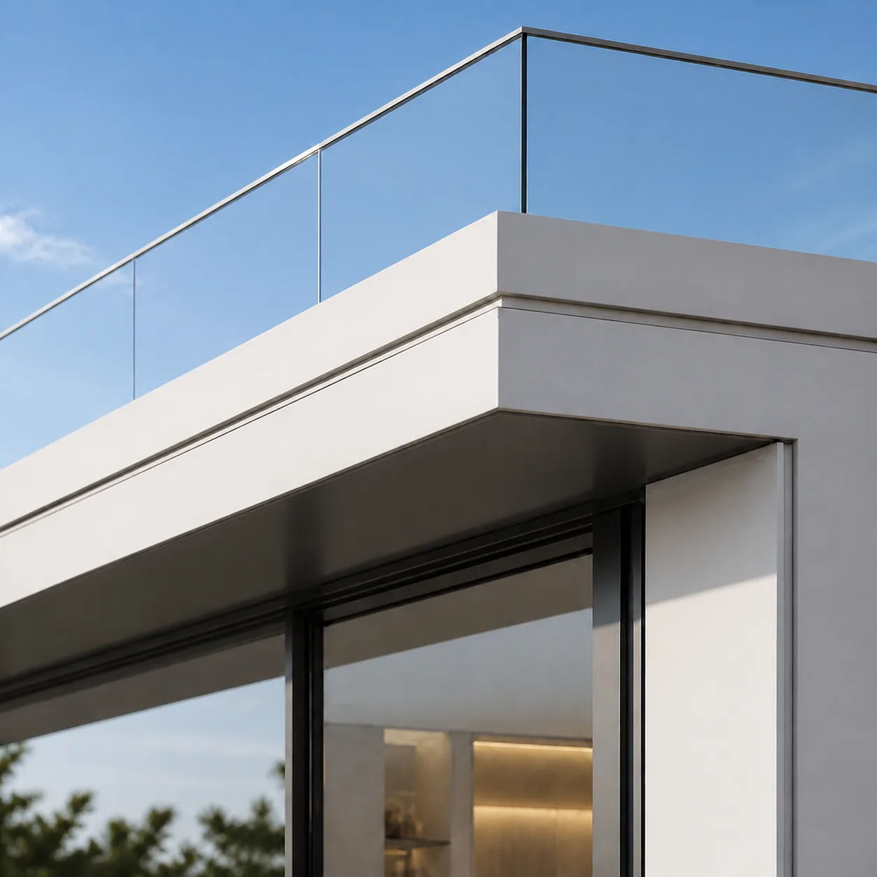 Slim glass roof guard meeting the white parapet above the dark corner glazing