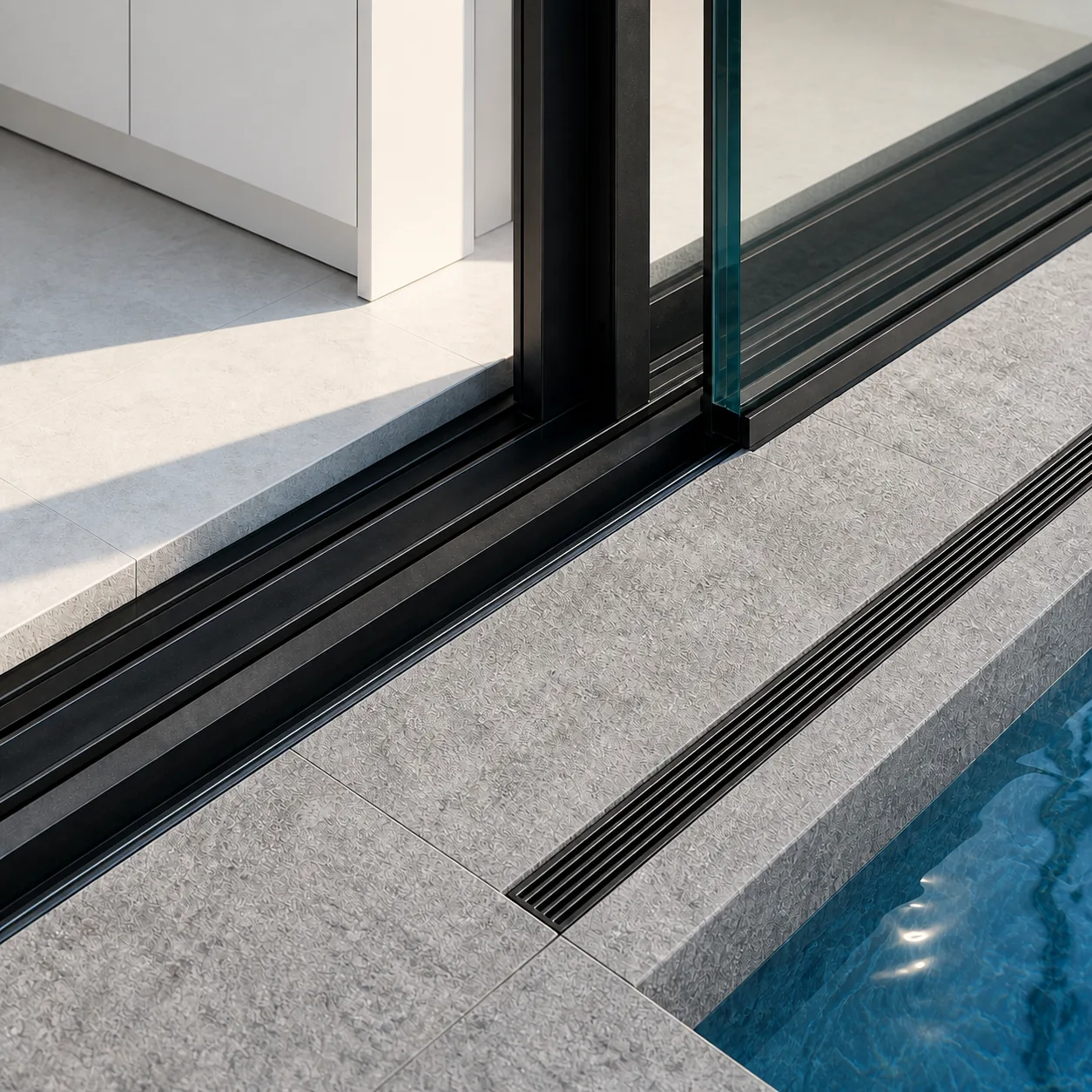 Black sliding track aligned with the stone threshold and linear pool drainage channel