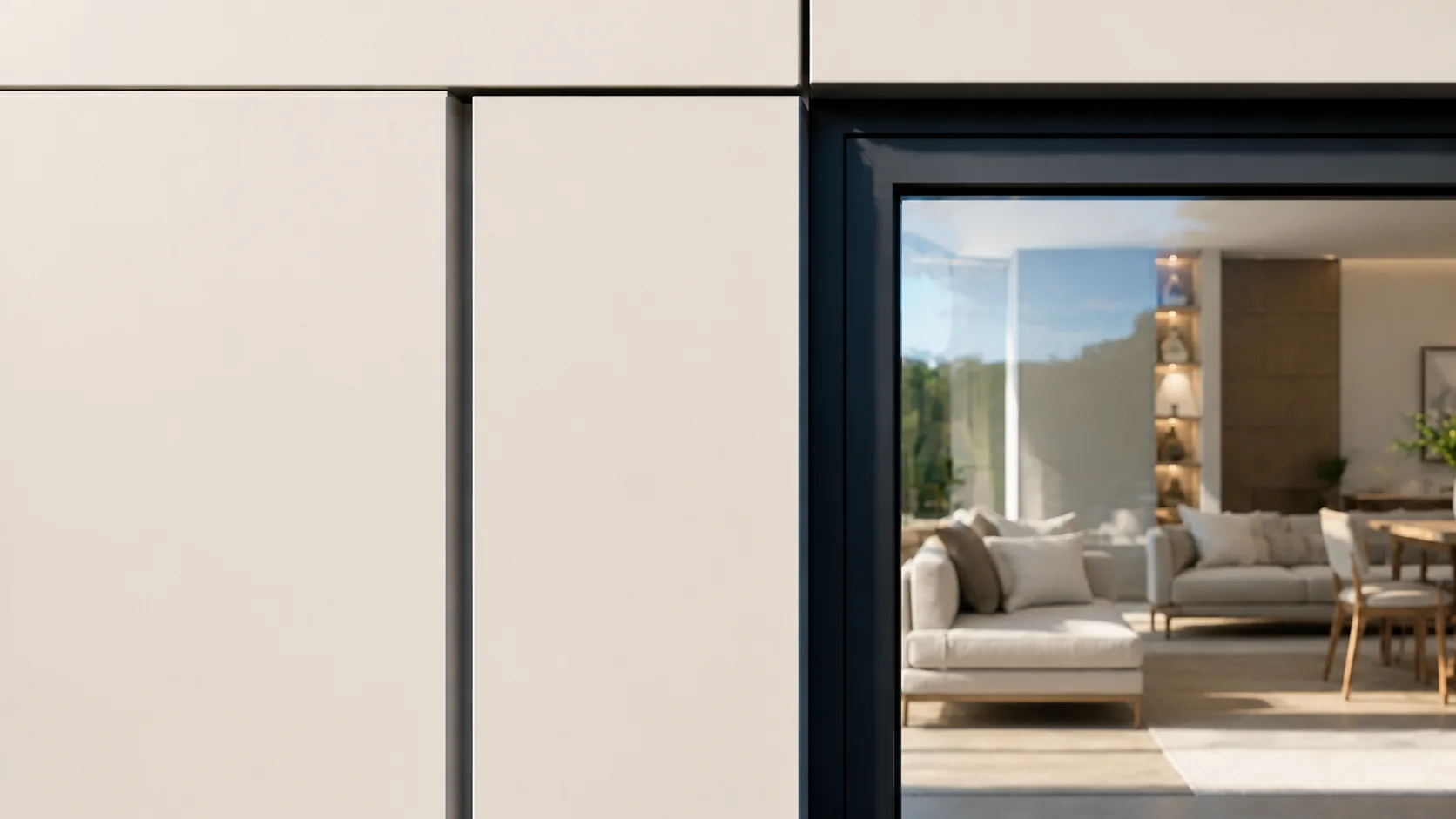 Pale rainscreen panel joint meeting the black glazing frame with the living room beyond