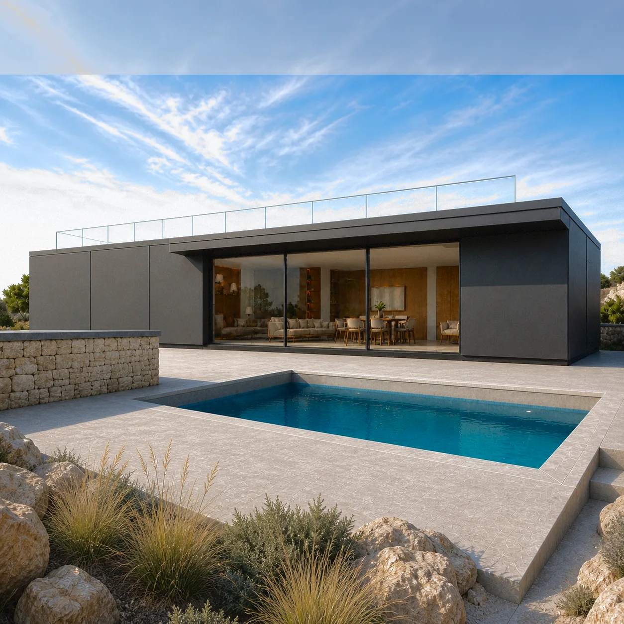 Graphite-finished villa and pool set behind pale stone walls and dry grasses