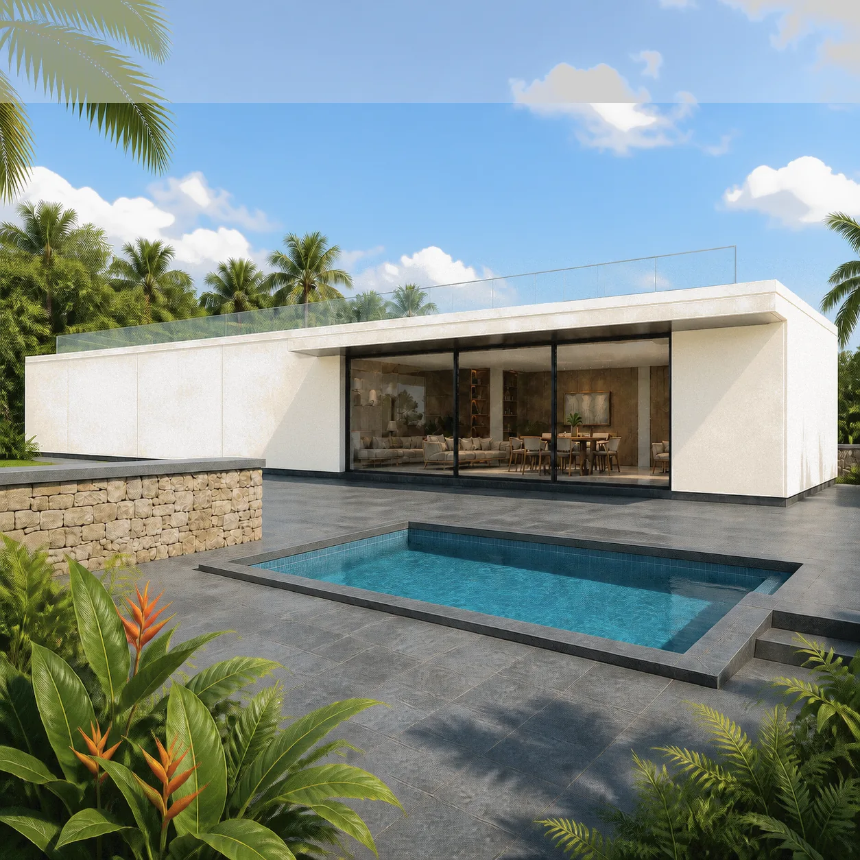Bone-white villa opening to a blue pool within dense green planting