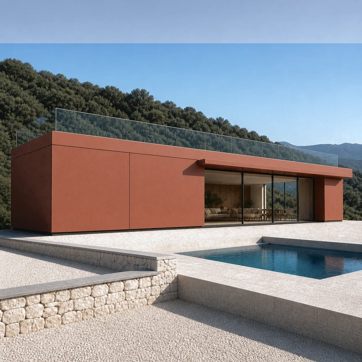 Warm laterite-clay villa contrasting with blue pool water and wooded hills