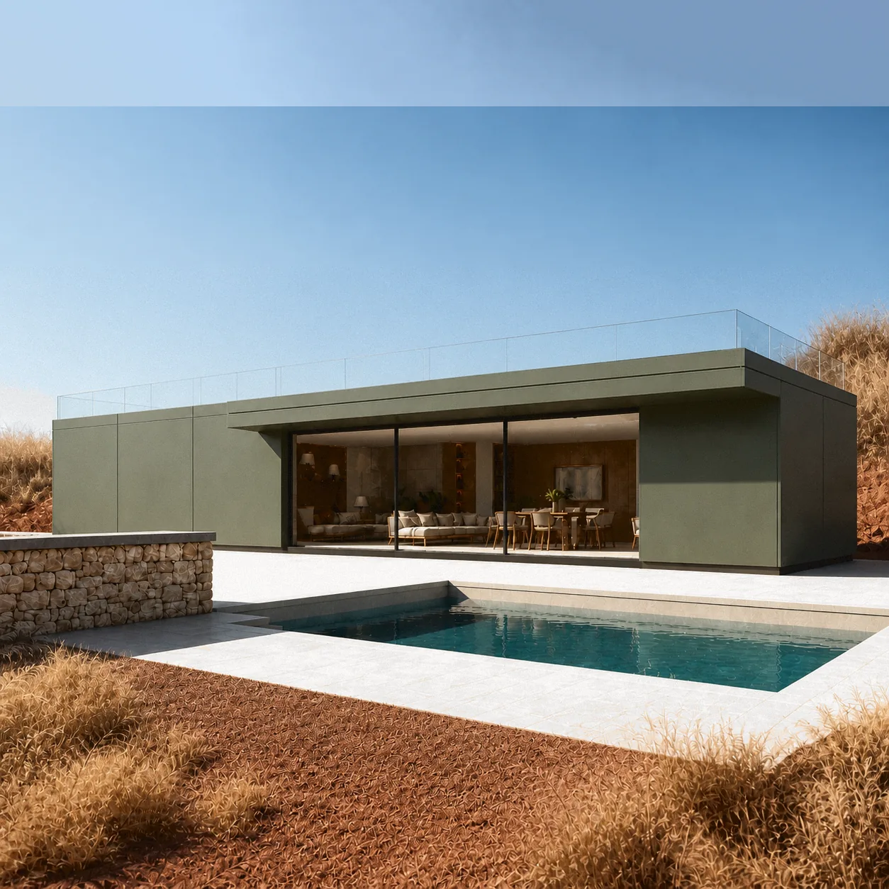 Grey-green villa facing its pool across rust-toned groundcover and dry open woodland