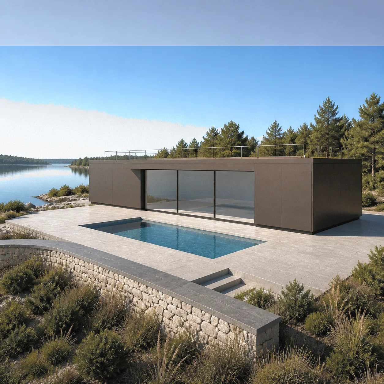 Patinated bronze villa and pool overlooking lakeside rocks and dark hillside woodland