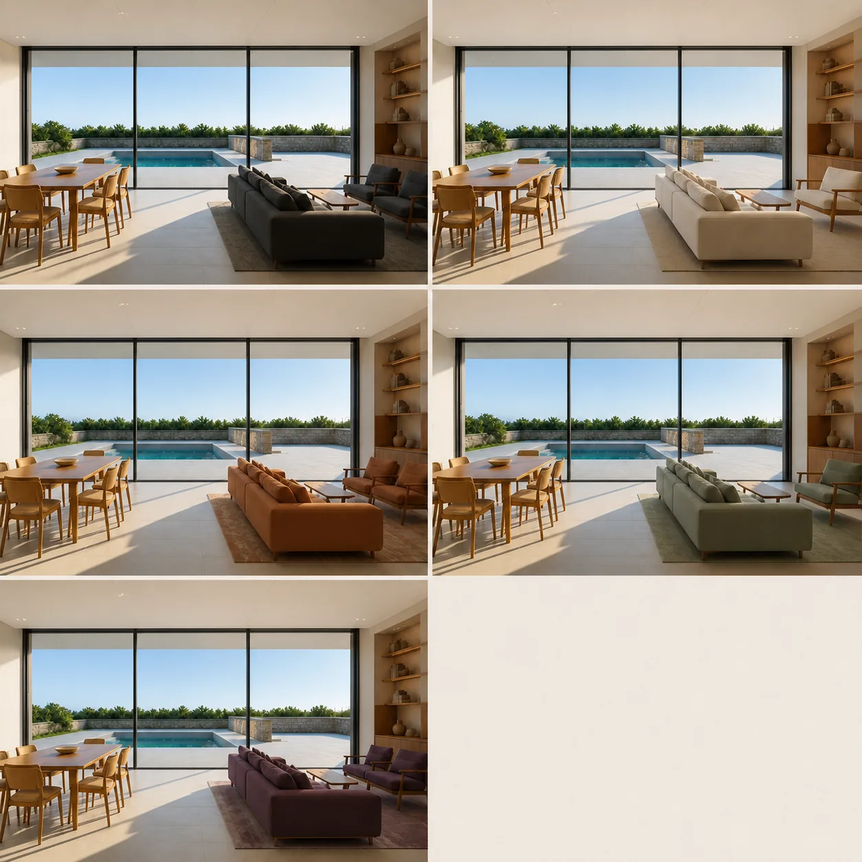 Five interior palettes compared through seating fabrics in the same pool-facing room
