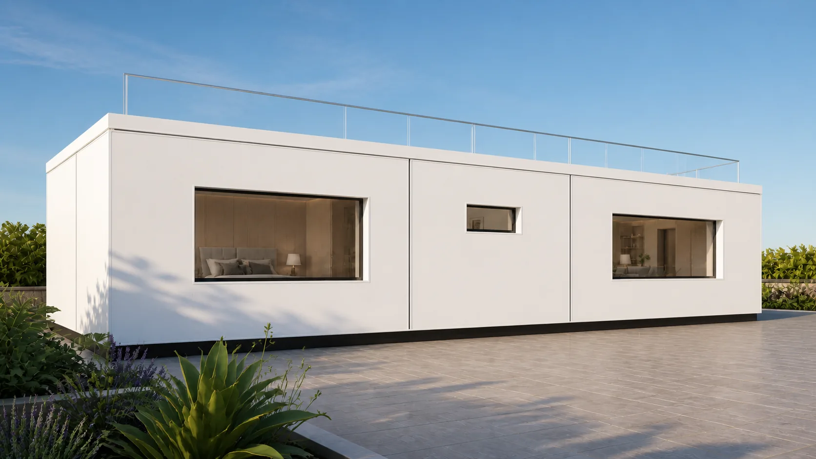 North elevation pairing two broad bedroom windows with one narrow high wet-room opening
