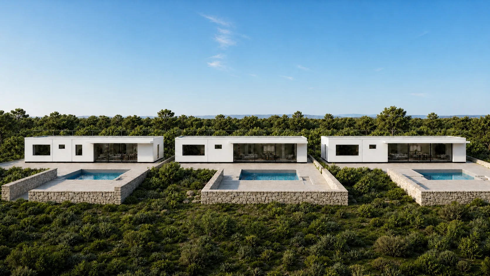 Three identical villas repeat in a row, each turned to its own pool court