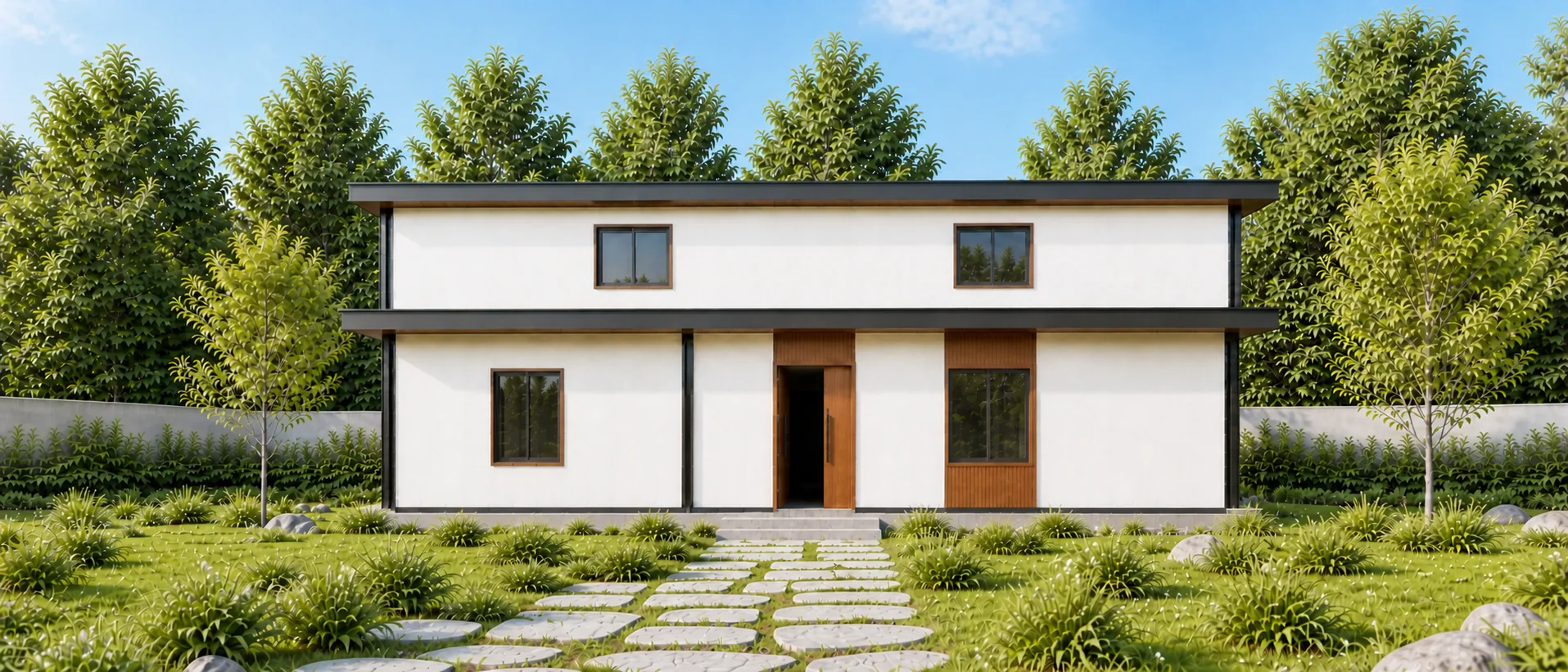 Pale two-storey court house faces a planted stone path at morning
