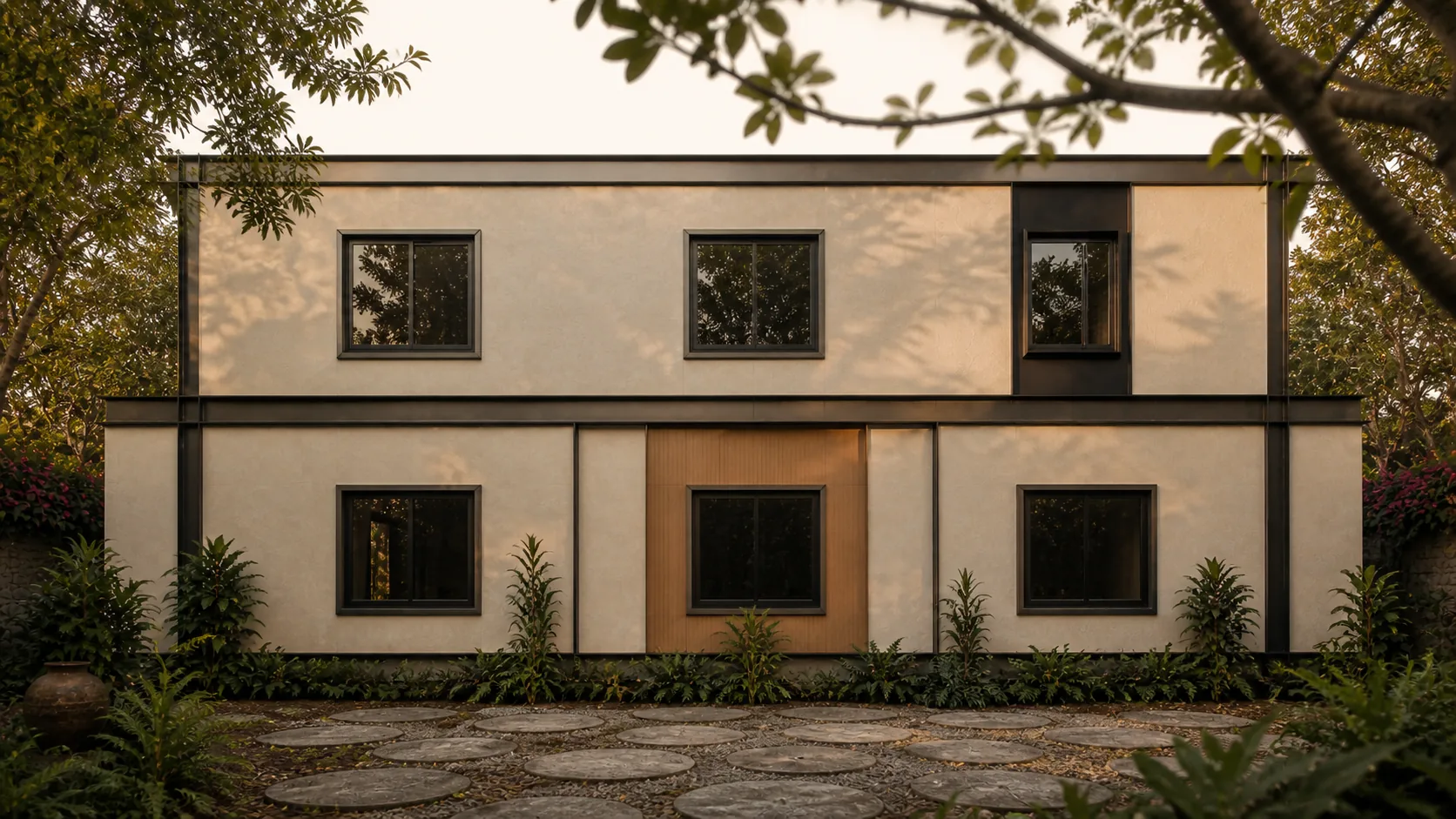 North garden face framed by neem branches above deep ground-floor openings